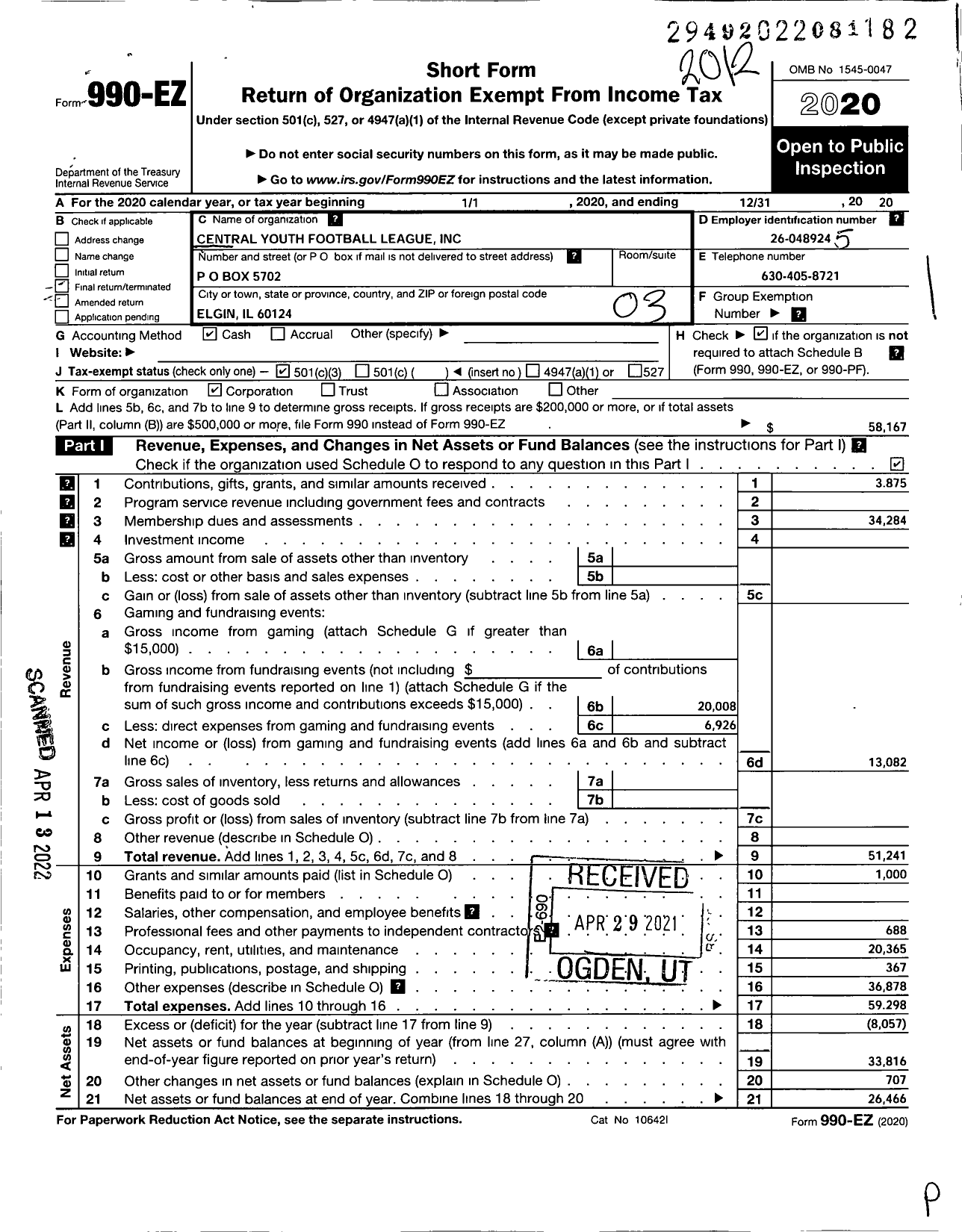 Image of first page of 2020 Form 990EZ for Central Youth Football League