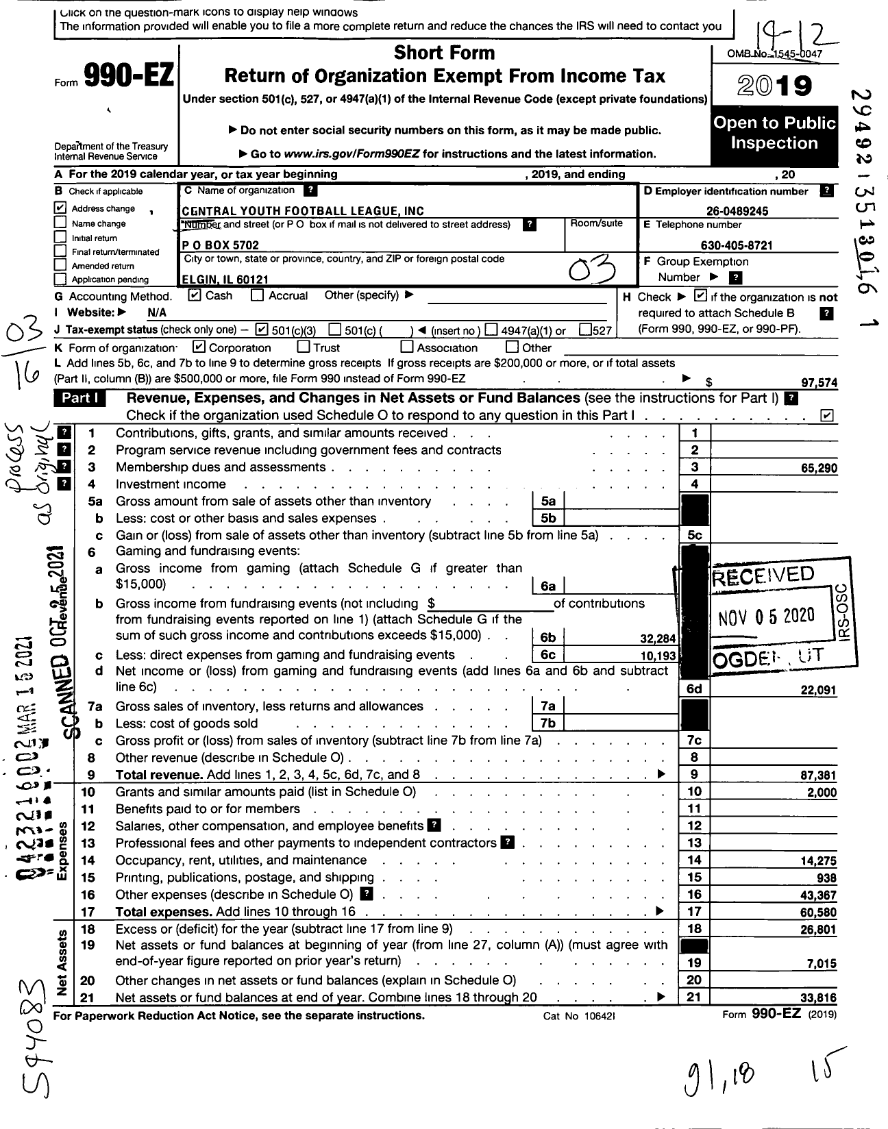 Image of first page of 2019 Form 990EZ for Central Youth Football League