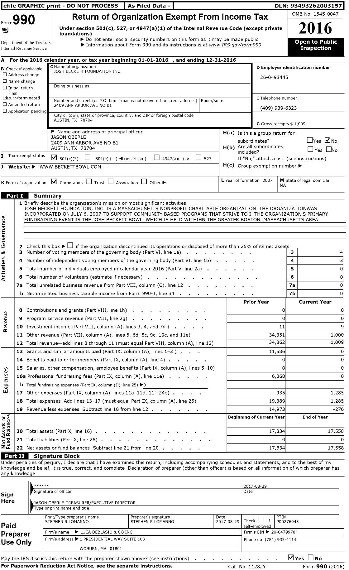 Image of first page of 2016 Form 990 for Josh Beckett Foundation