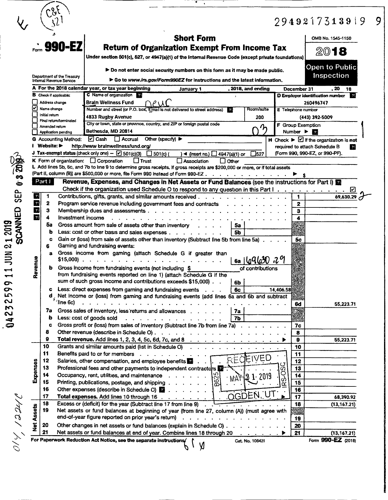 Image of first page of 2018 Form 990EZ for Brain Wellness Fund