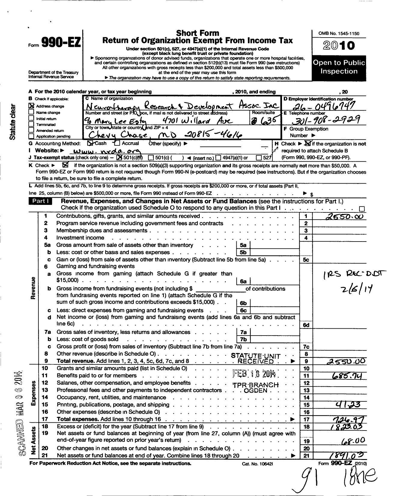 Image of first page of 2010 Form 990EZ for Brain Wellness Fund