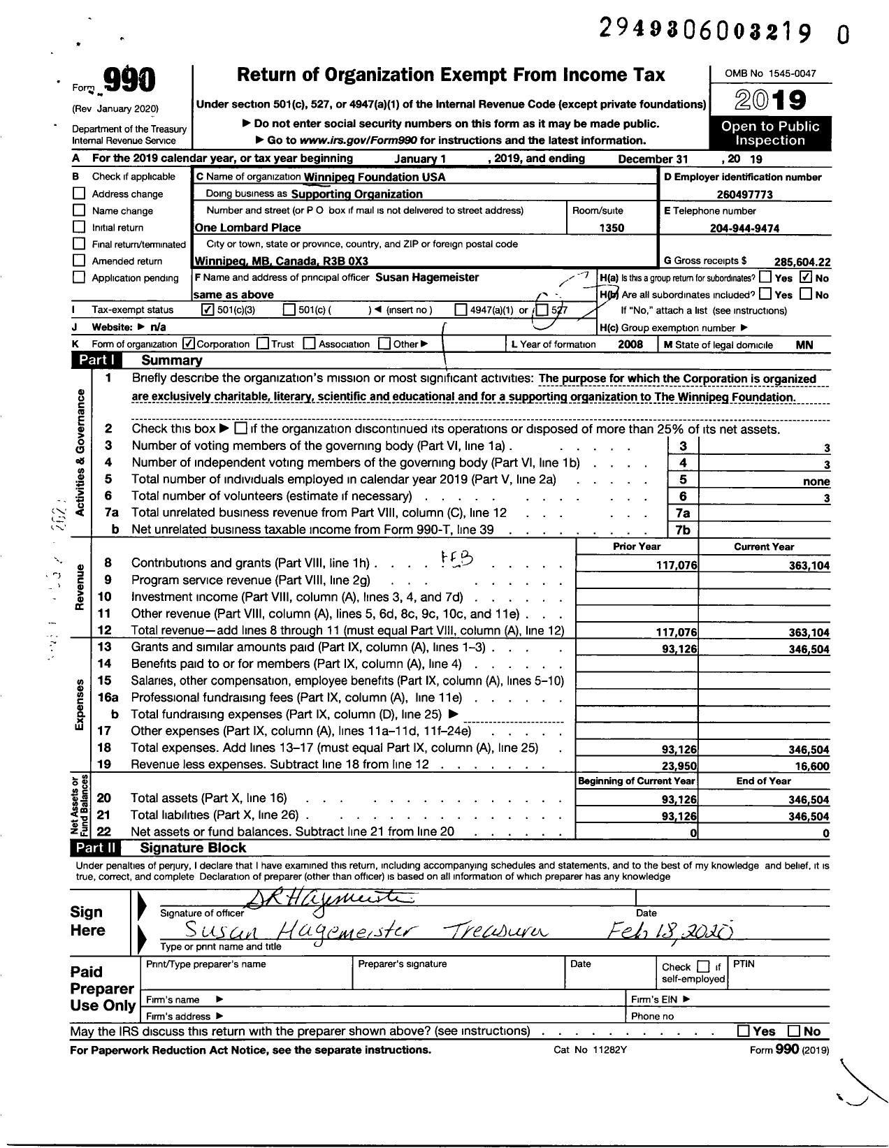 Image of first page of 2019 Form 990 for Winnipeg Foundation USA