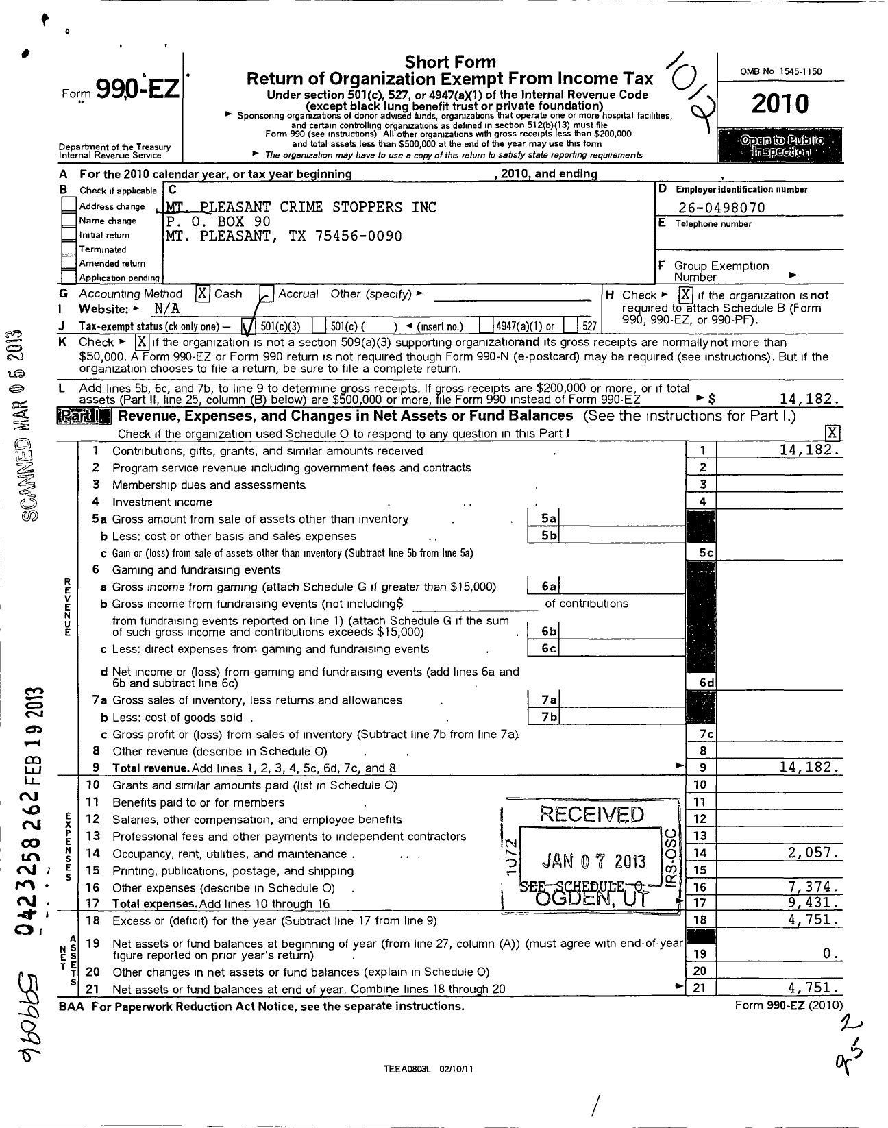 Image of first page of 2010 Form 990EZ for MT Pleasant Crime Stoppers