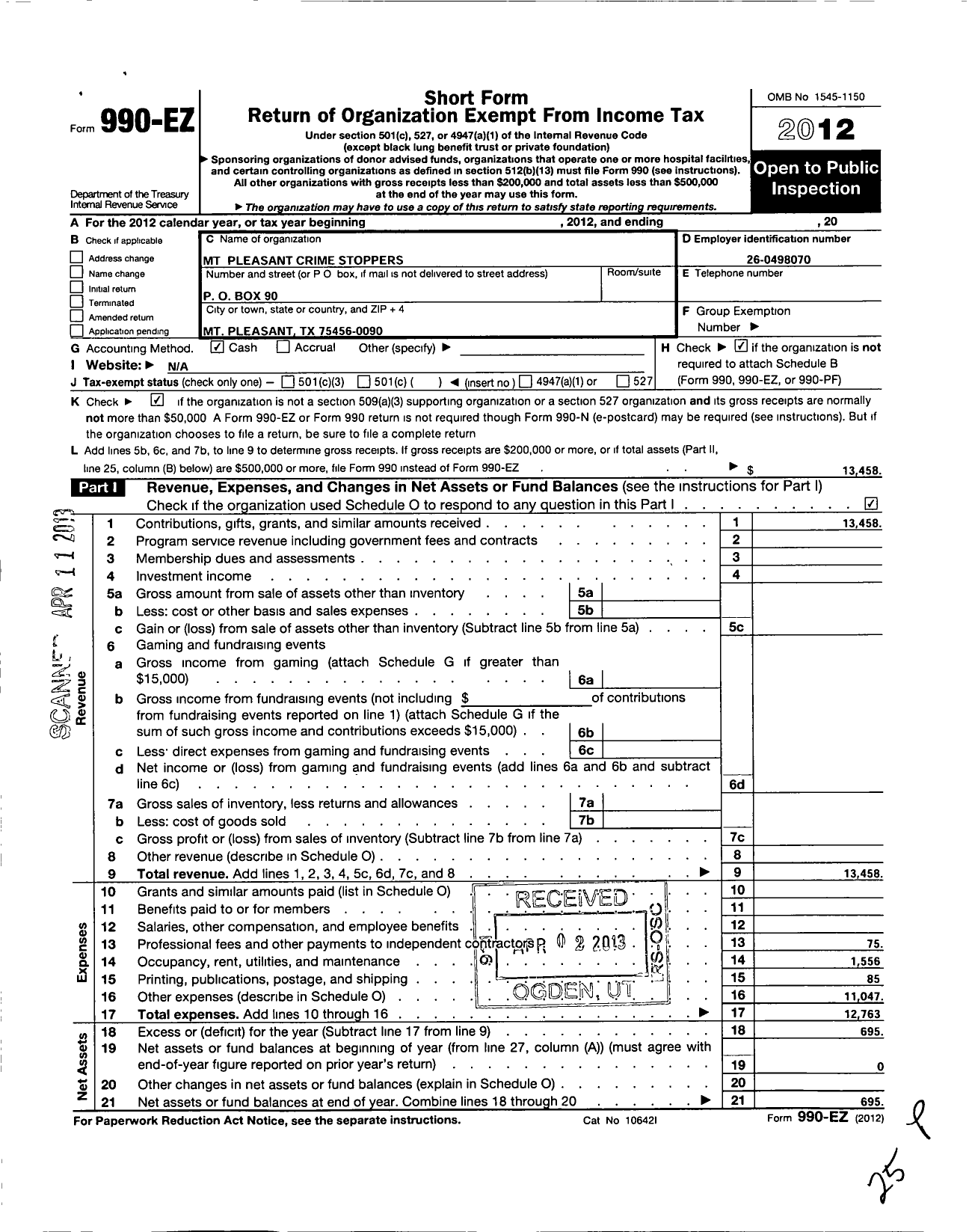 Image of first page of 2012 Form 990EO for MT Pleasant Crime Stoppers