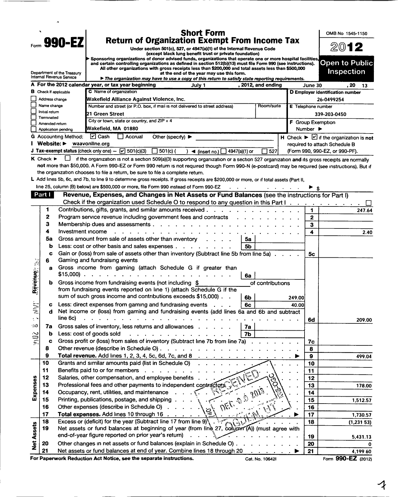 Image of first page of 2012 Form 990EZ for Wakefield Alliance Against Violence