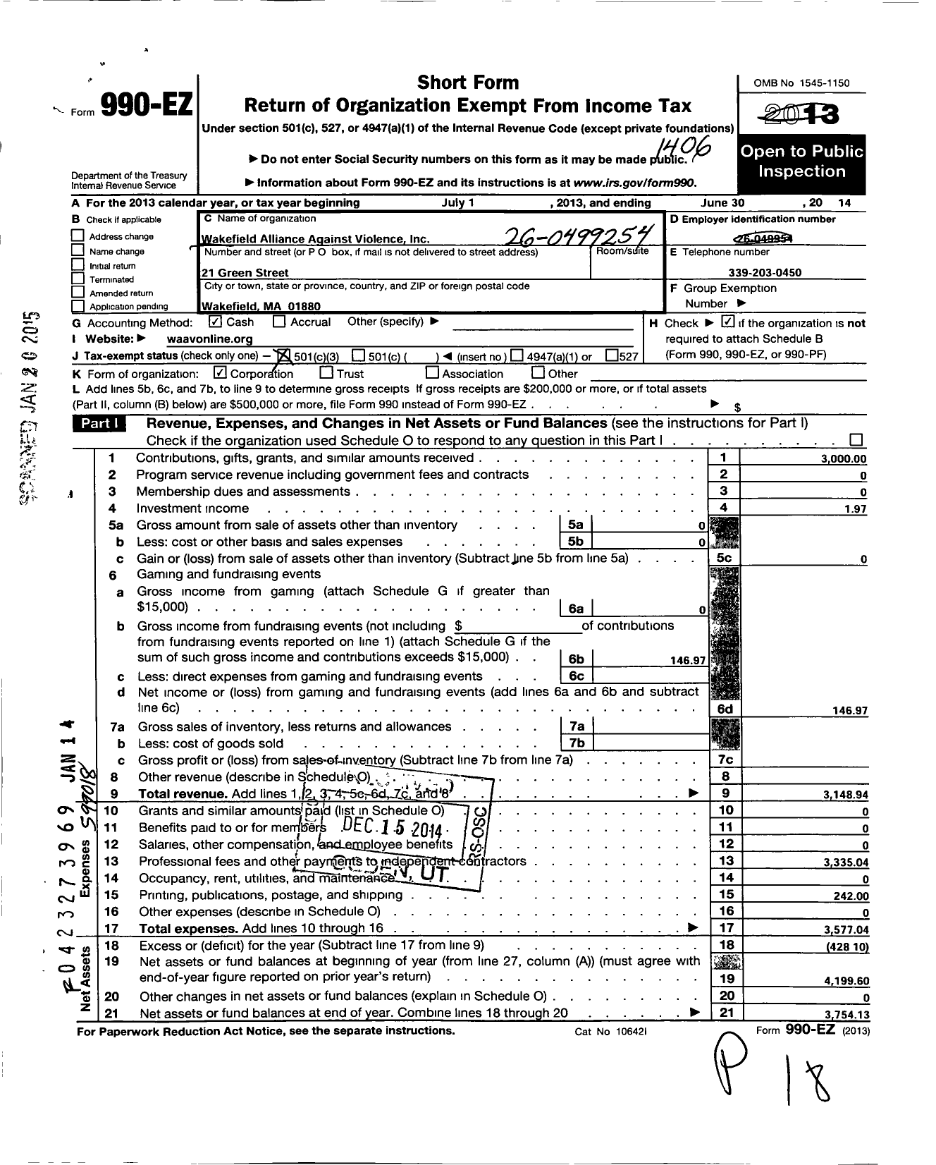 Image of first page of 2013 Form 990EZ for Wakefield Alliance Against Violence