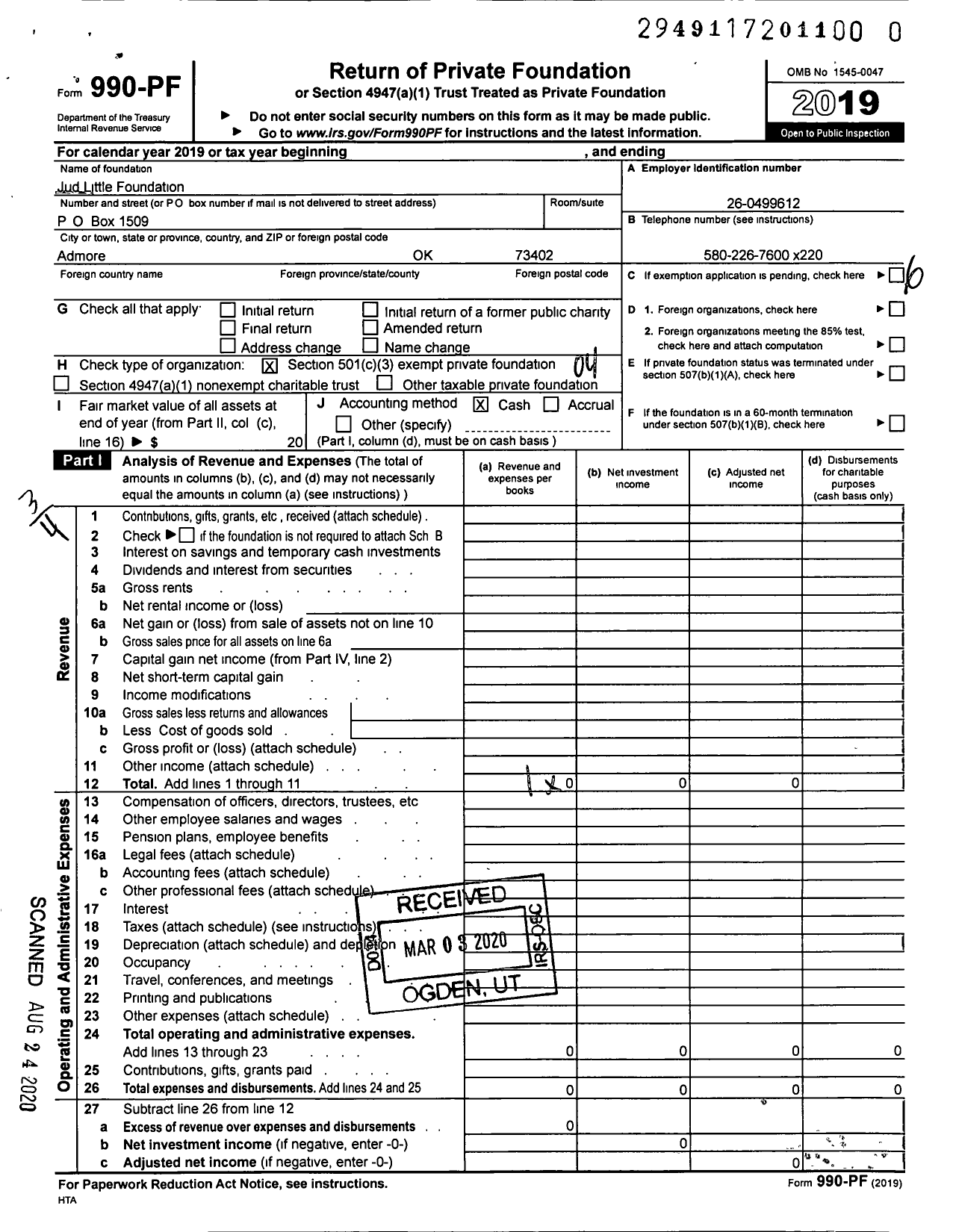 Image of first page of 2019 Form 990PR for Jud Little Foundation