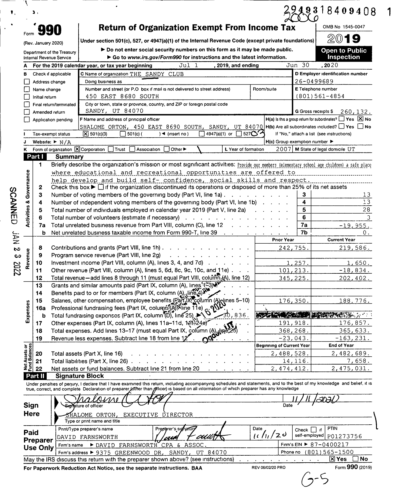 Image of first page of 2019 Form 990 for The Sandy Club