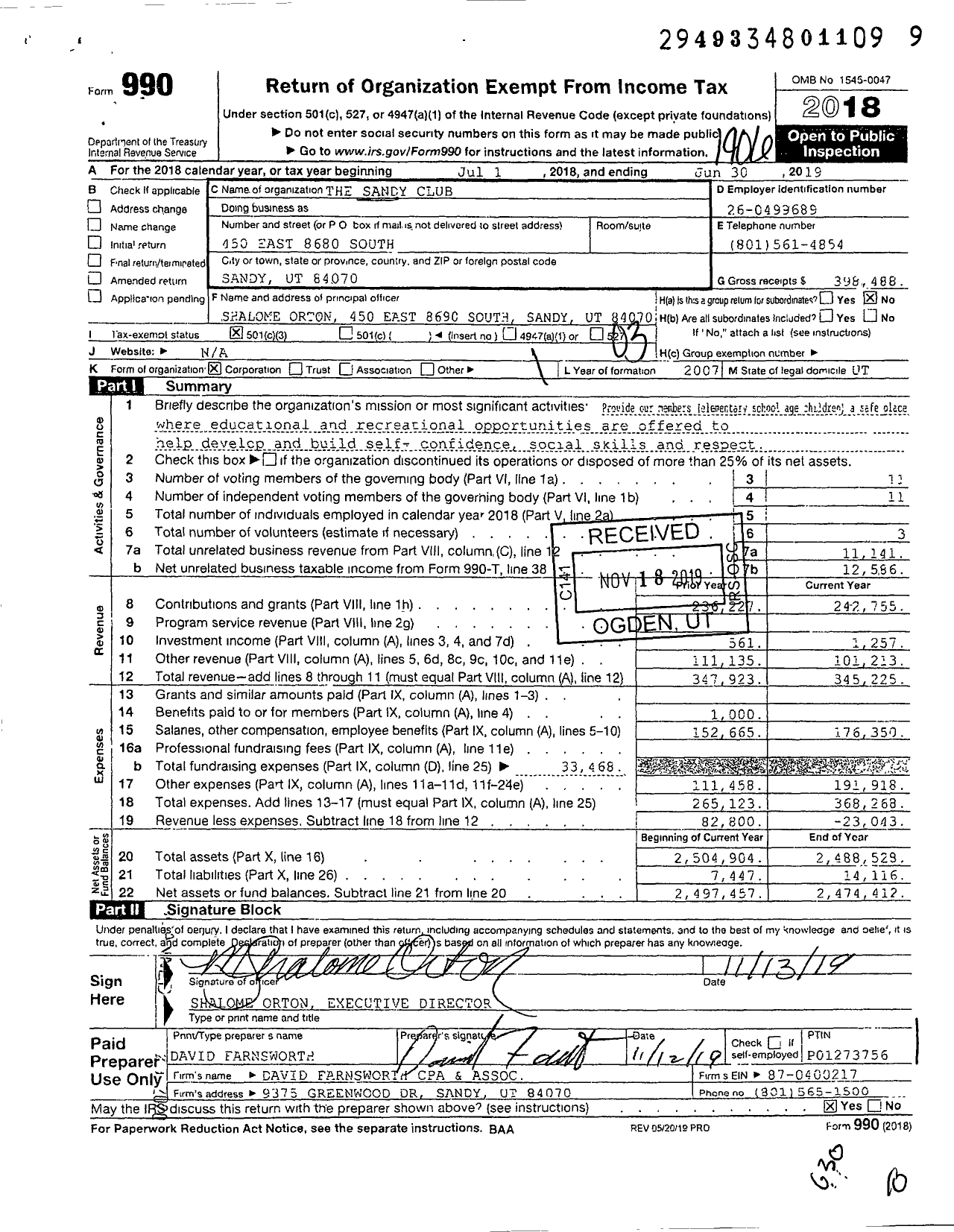 Image of first page of 2018 Form 990 for The Sandy Club