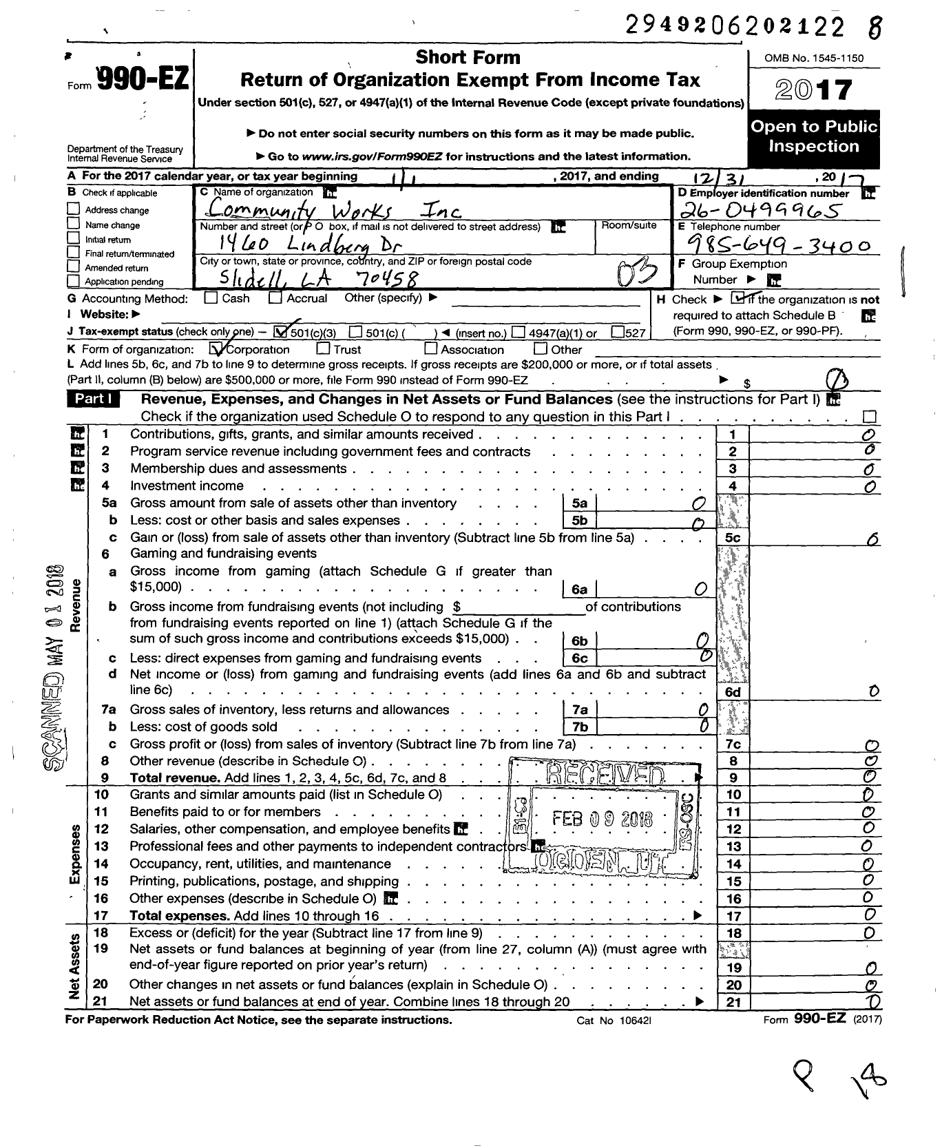 Image of first page of 2017 Form 990EZ for Community Works