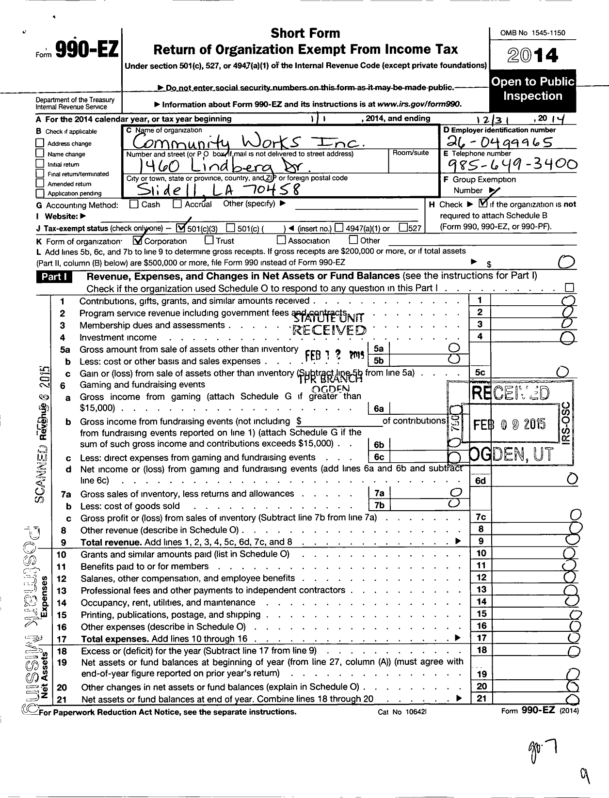 Image of first page of 2014 Form 990EZ for Community Works