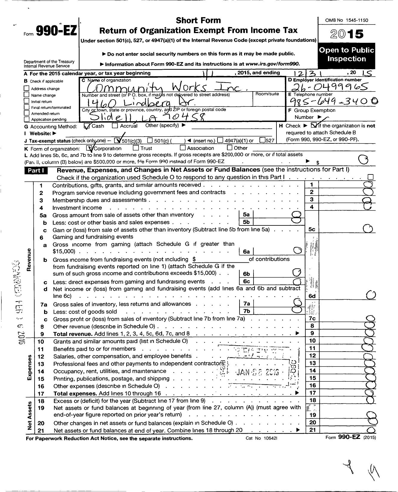 Image of first page of 2015 Form 990EZ for Community Works