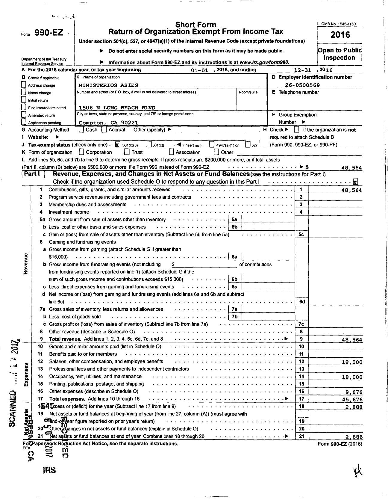 Image of first page of 2016 Form 990EZ for Ministerios Asies