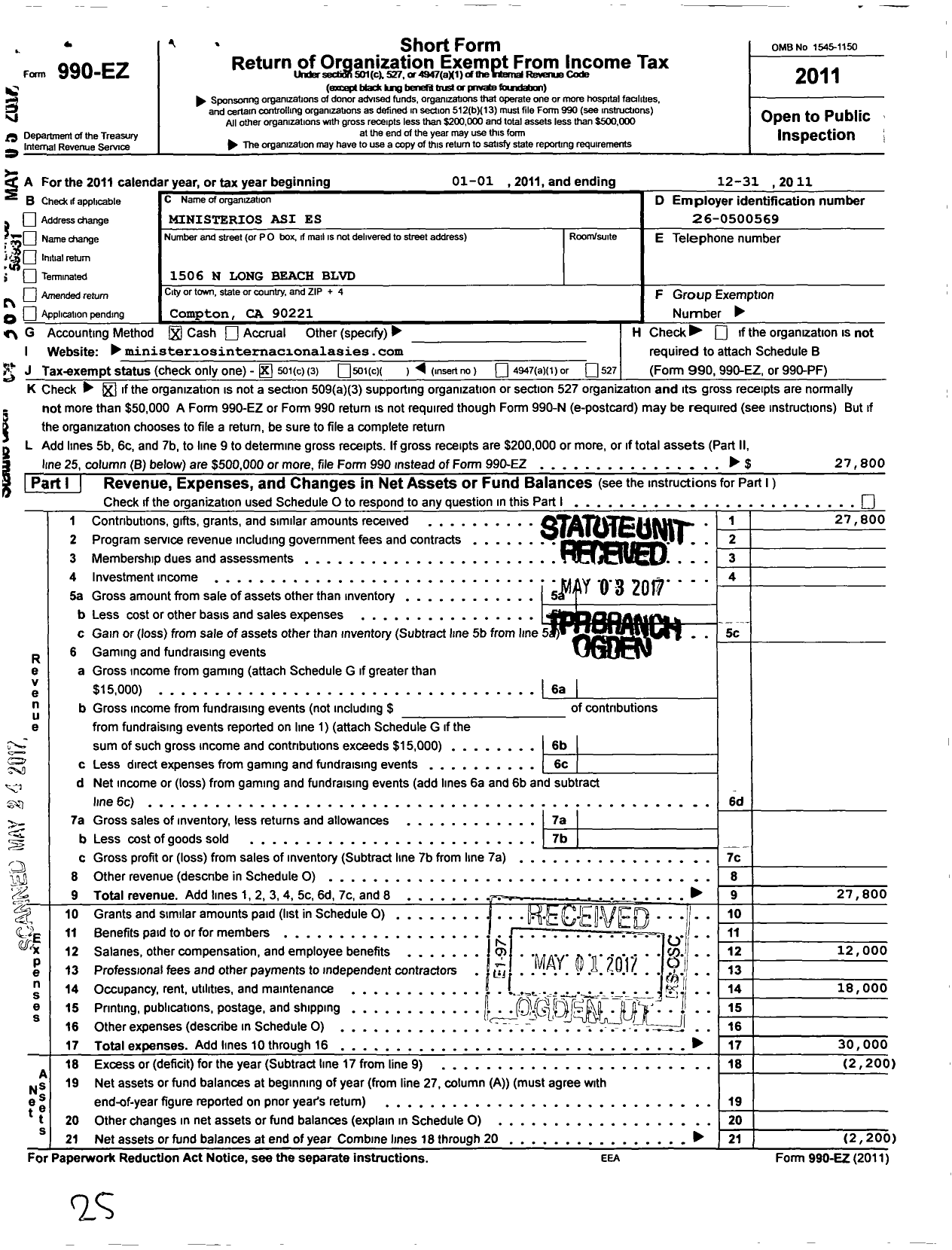 Image of first page of 2011 Form 990EZ for Ministerios Asies