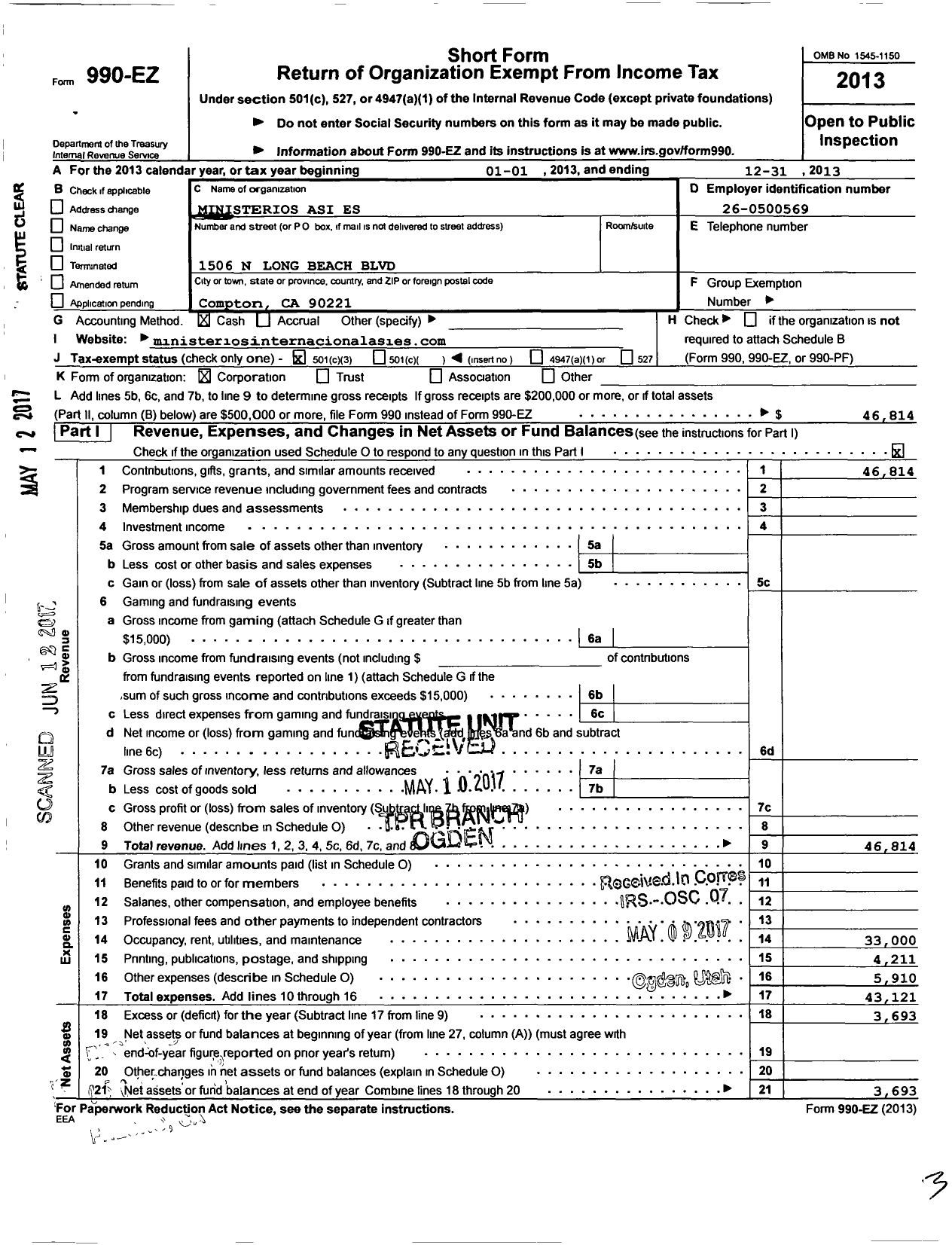 Image of first page of 2013 Form 990EZ for Ministerios Asies