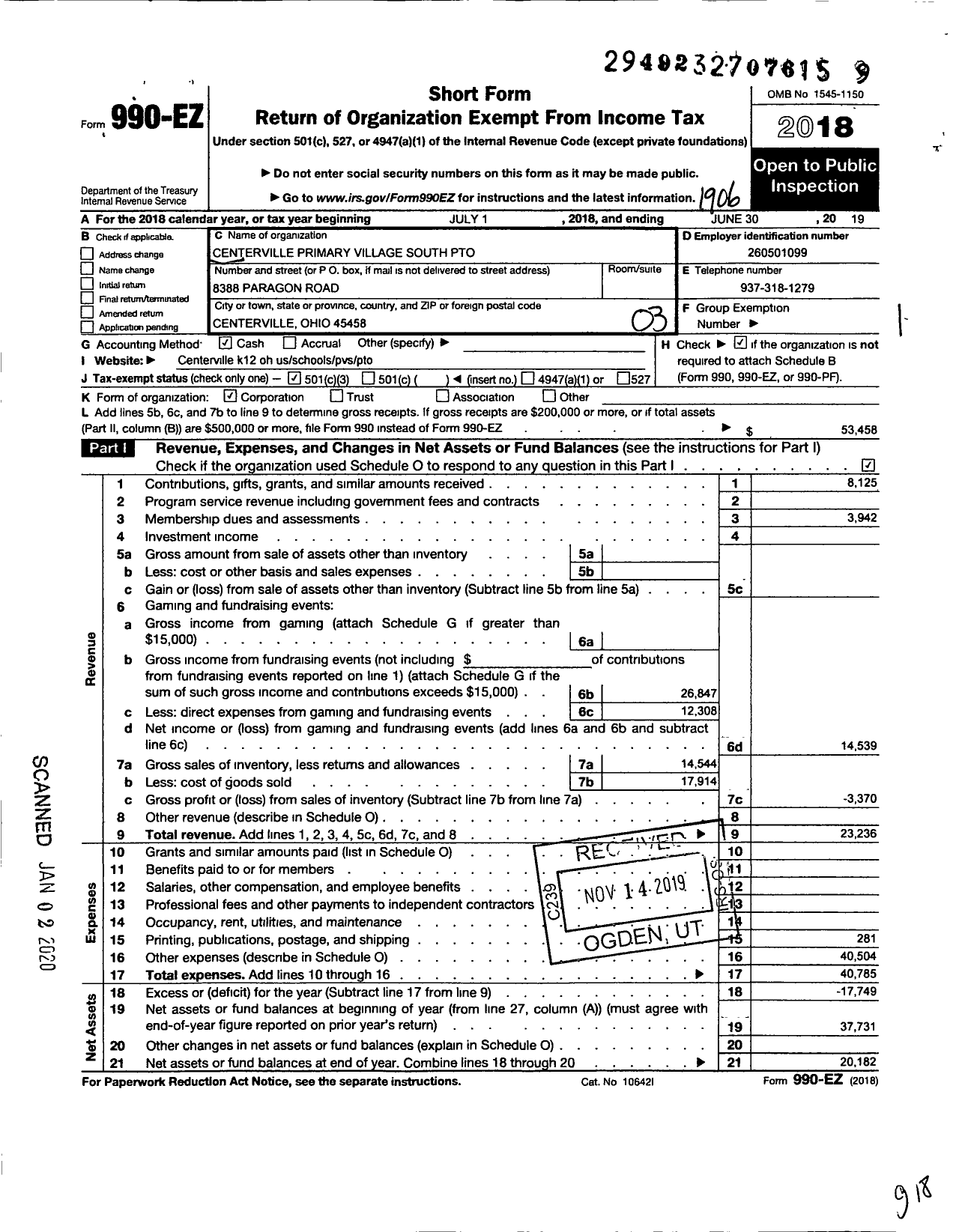 Image of first page of 2018 Form 990EZ for Centerville Primary Village South Parent Teacher Organization