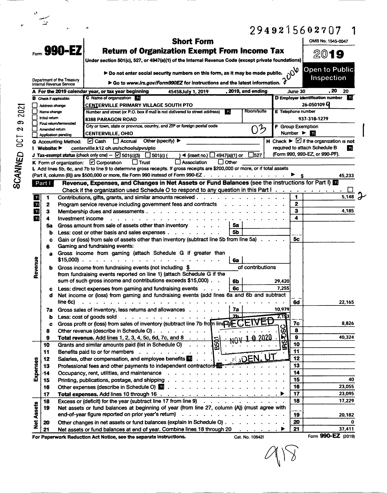 Image of first page of 2019 Form 990EZ for Centerville Primary Village South Parent Teacher Organization