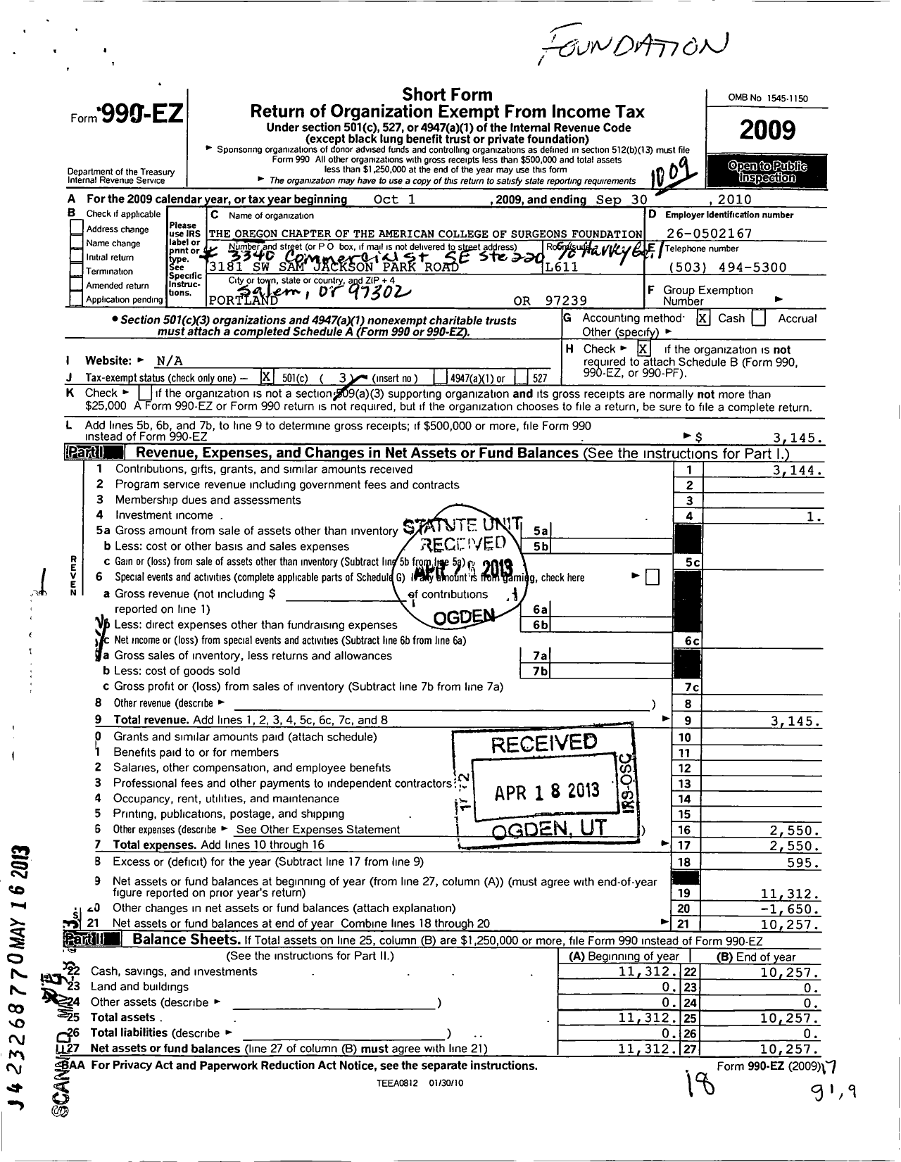 Image of first page of 2009 Form 990EZ for The Oregon Chapter of the American College of Surgeons Foundation