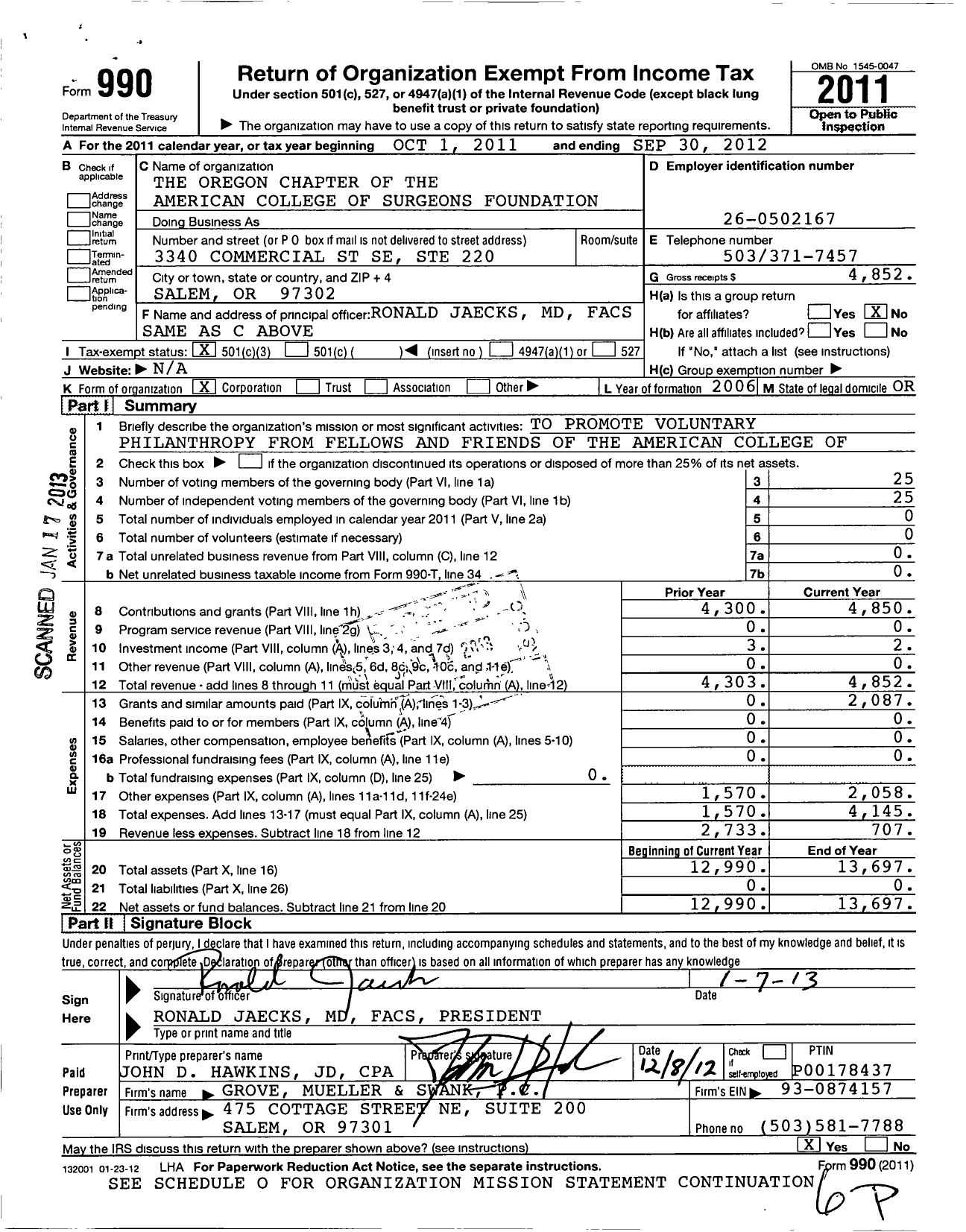 Image of first page of 2011 Form 990 for The Oregon Chapter of the American College of Surgeons Foundation