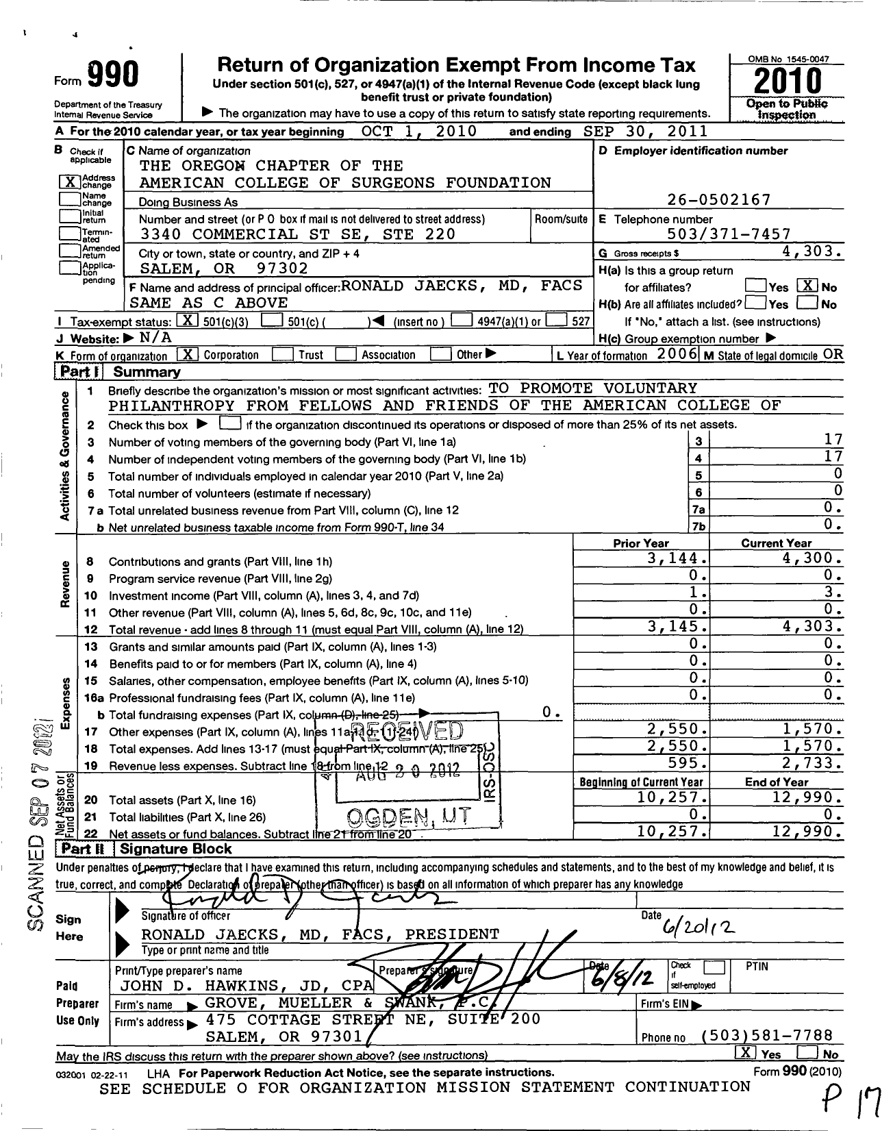 Image of first page of 2010 Form 990 for The Oregon Chapter of the American College of Surgeons Foundation