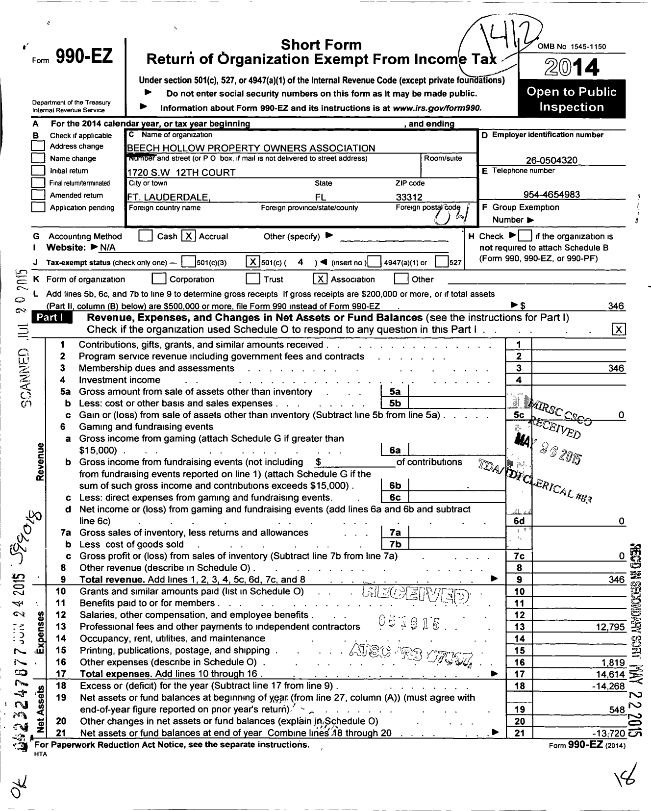 Image of first page of 2014 Form 990EO for Beech Hollow Property Owners Association