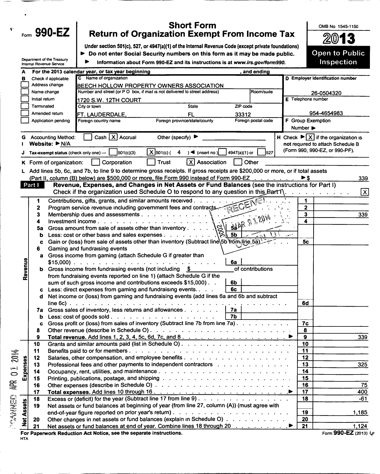 Image of first page of 2013 Form 990EO for Beech Hollow Property Owners Association