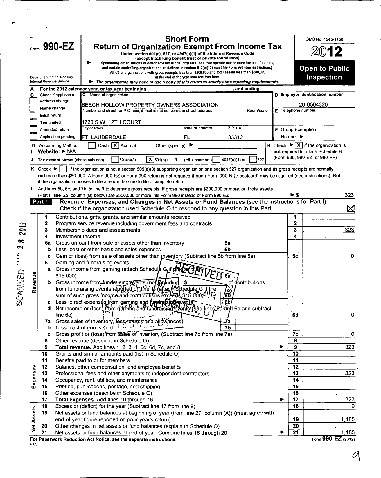 Image of first page of 2012 Form 990EO for Beech Hollow Property Owners Association