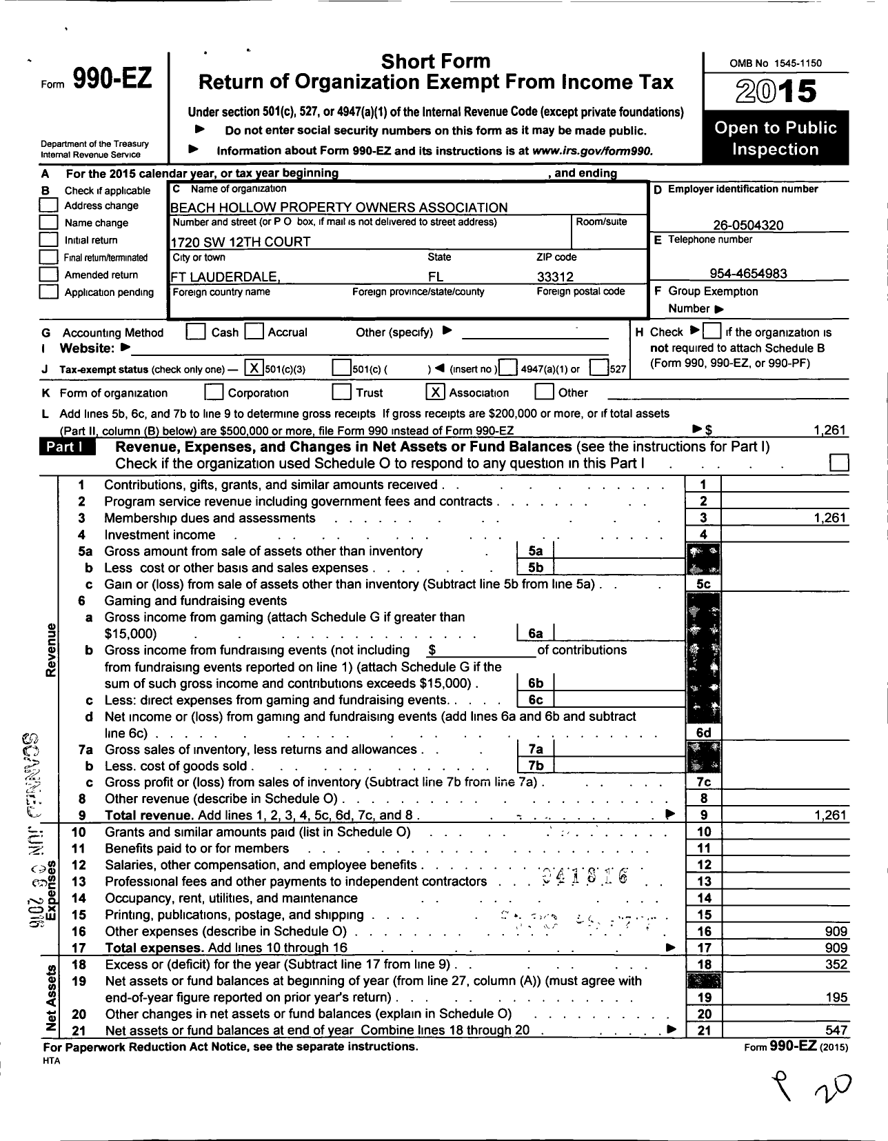 Image of first page of 2015 Form 990EZ for Beech Hollow Property Owners Association