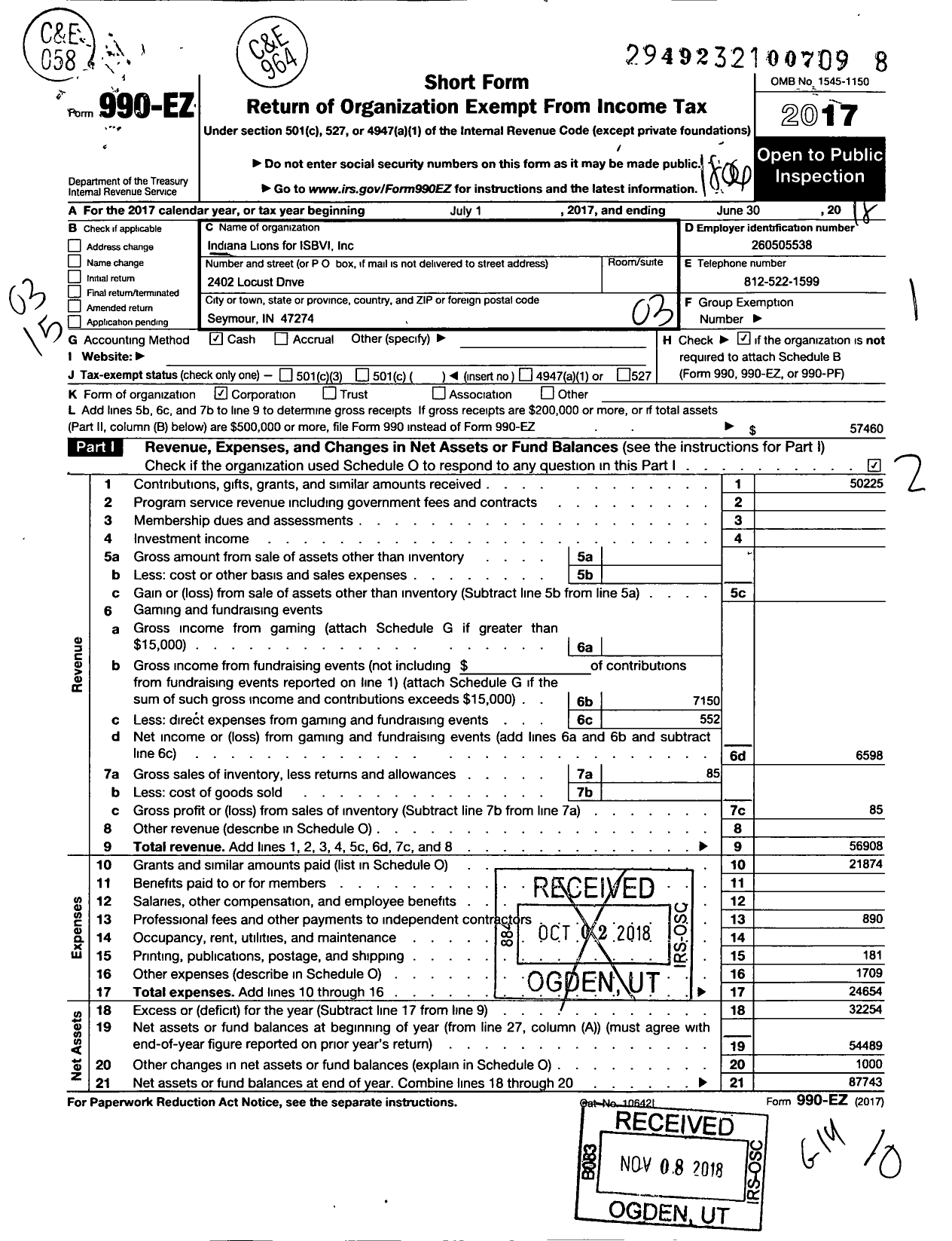 Image of first page of 2017 Form 990EZ for Indiana Lions for the Indiana School for the Blind and Visually