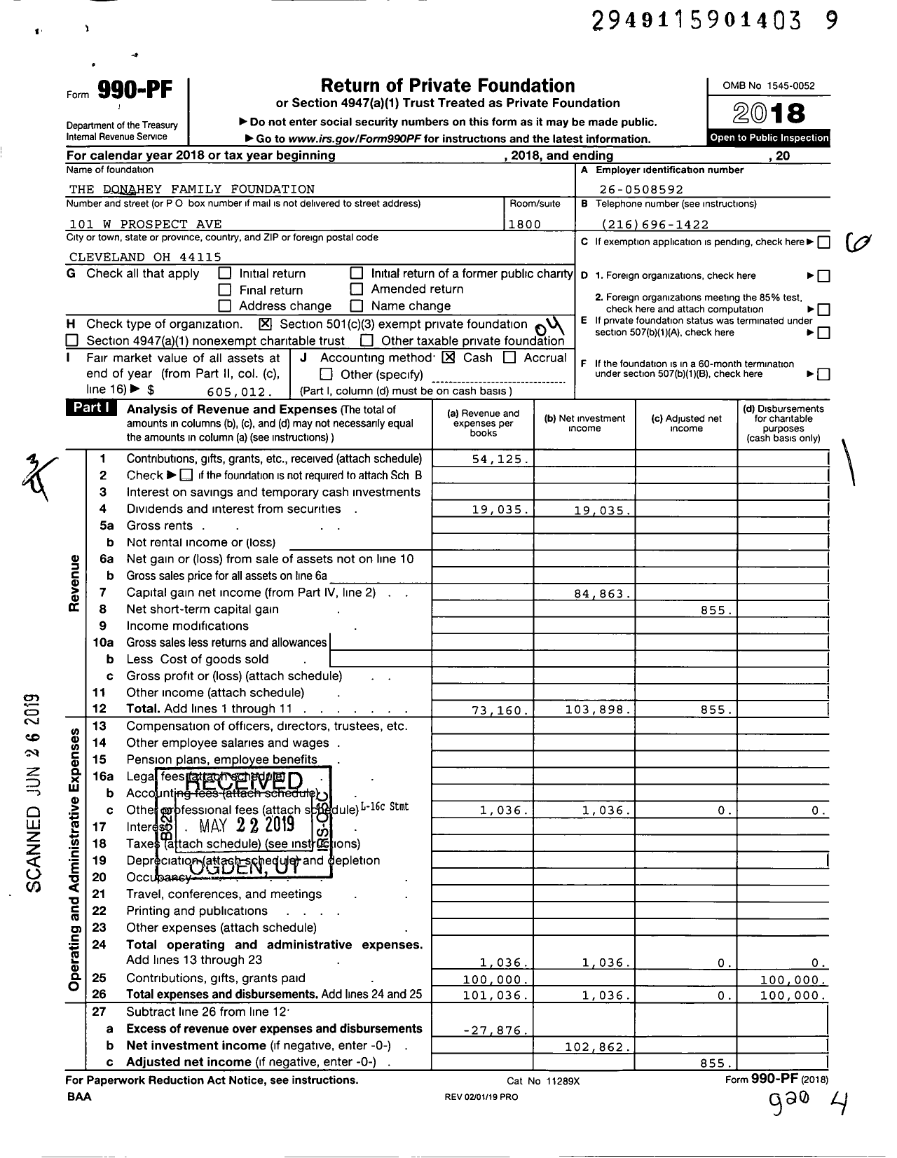 Image of first page of 2018 Form 990PF for The Donahey Family Foundation