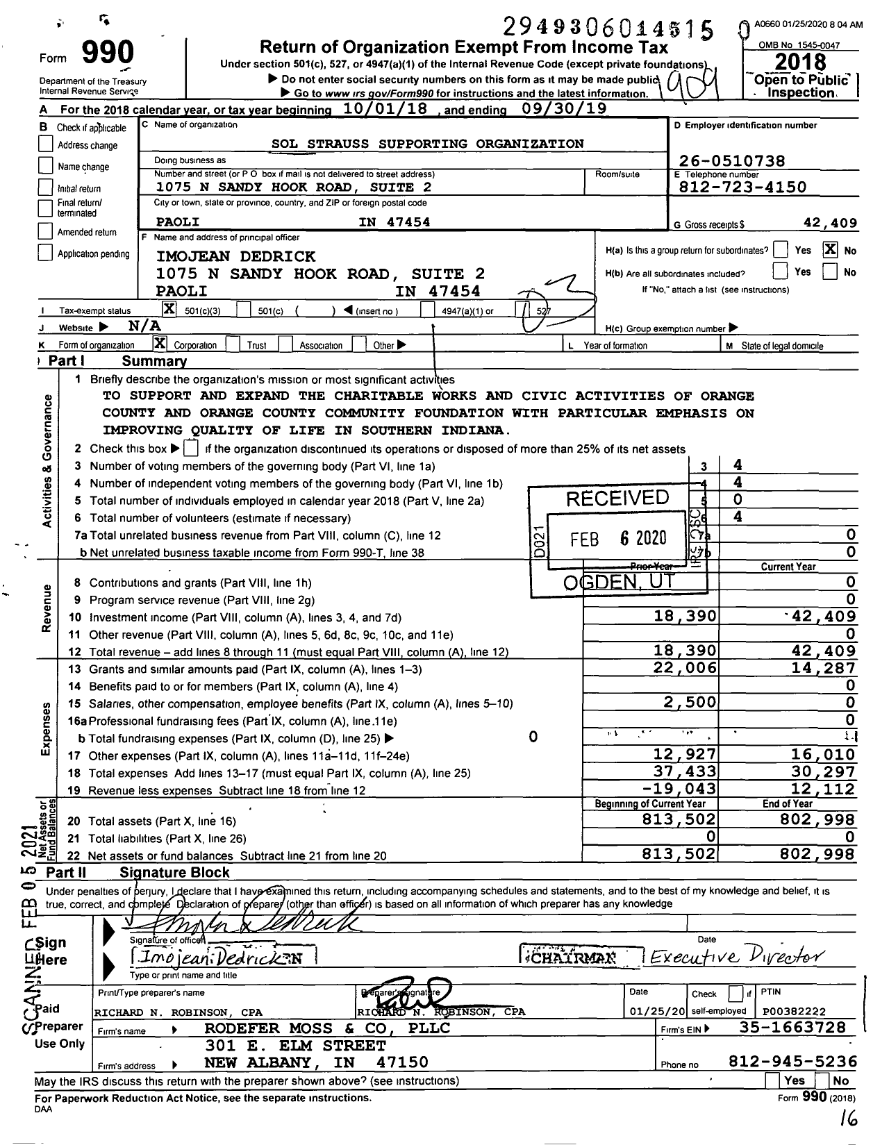 Image of first page of 2018 Form 990 for Sol Strauss Supporting Organization