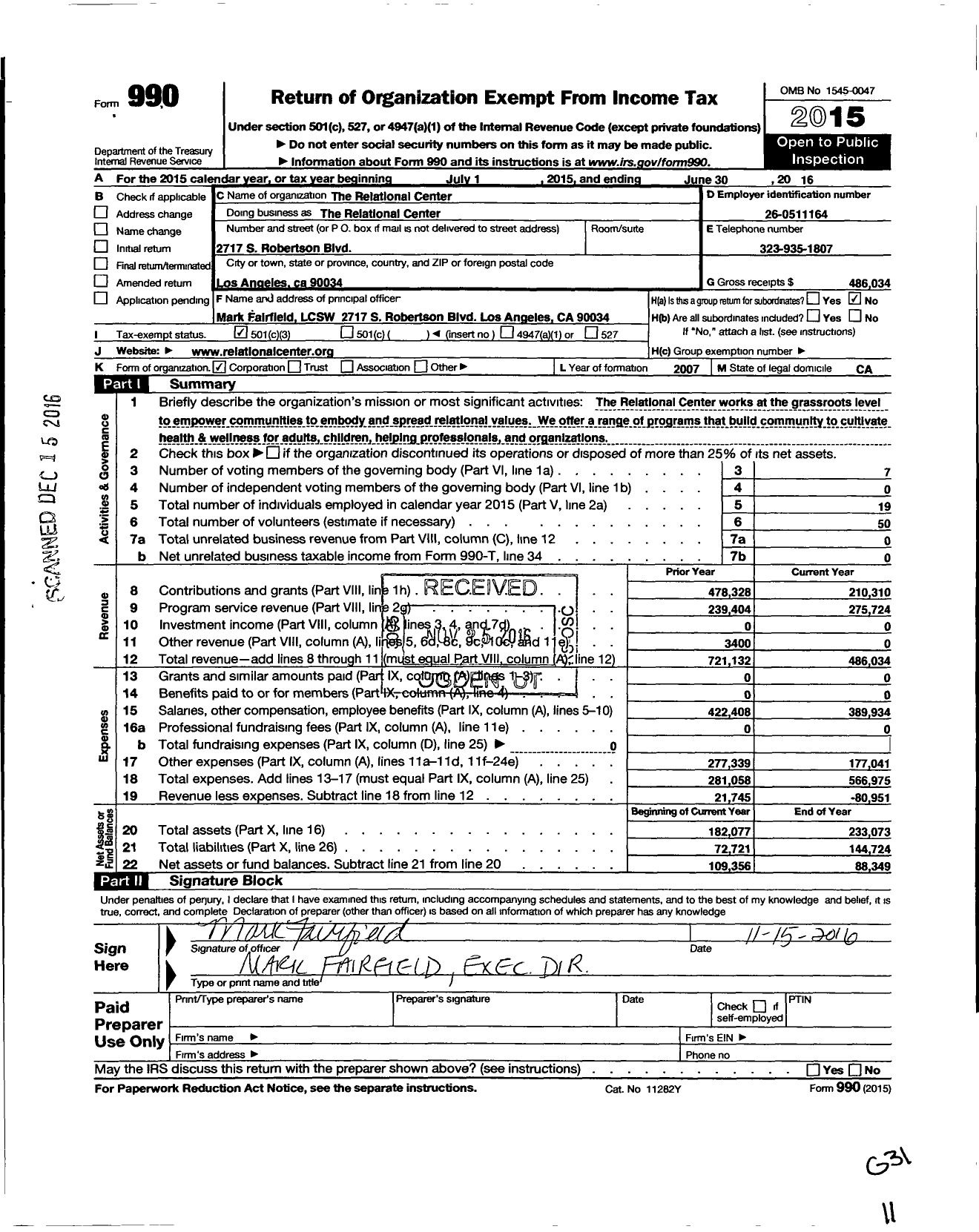 Image of first page of 2015 Form 990 for The Relational Center