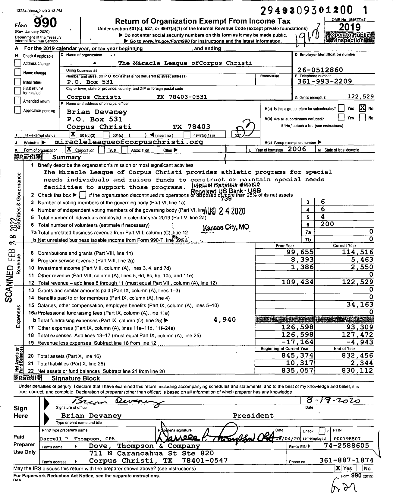 Image of first page of 2019 Form 990 for Miracle League of Corpus Christi