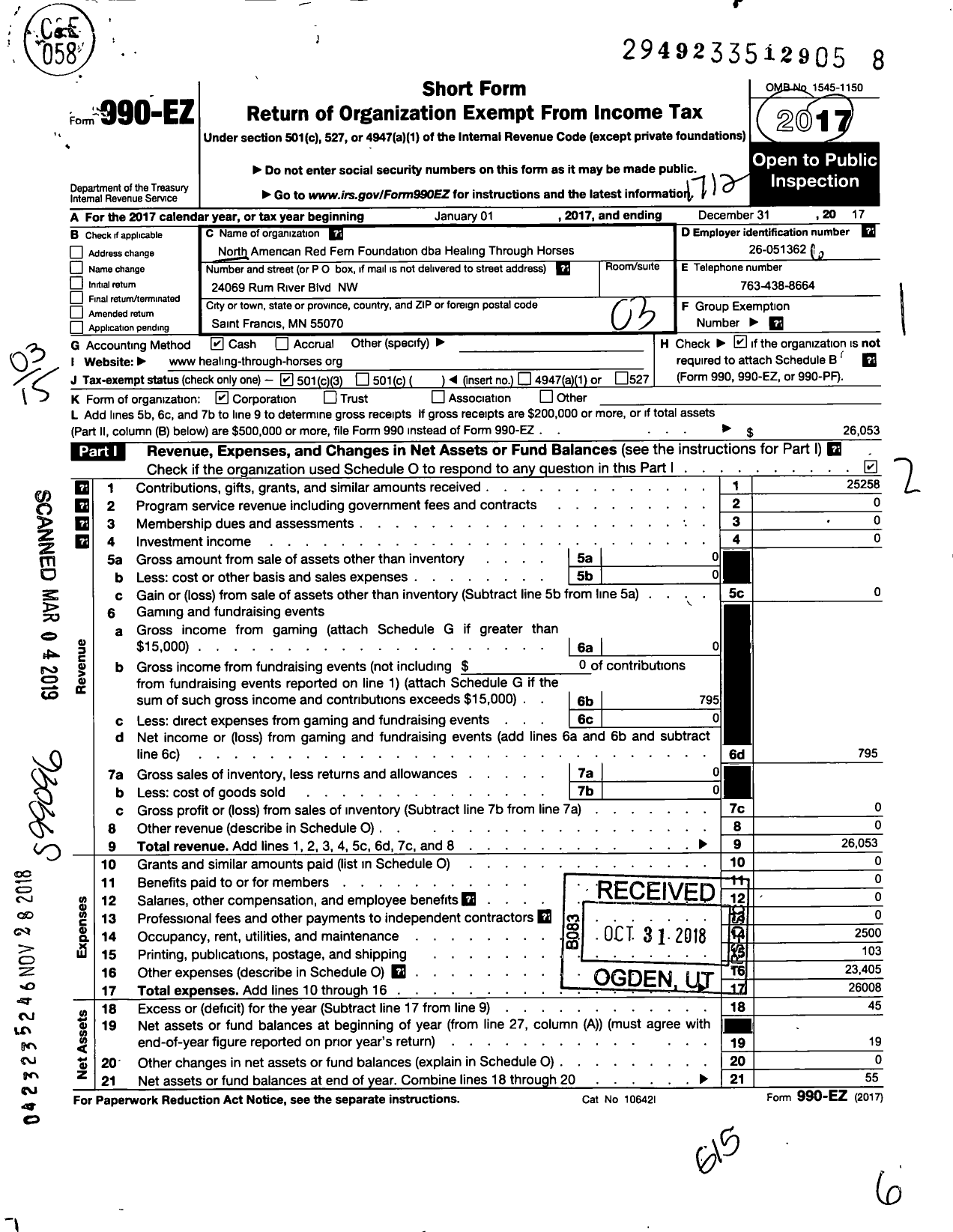 Image of first page of 2017 Form 990EZ for North American Red Fern Foundation