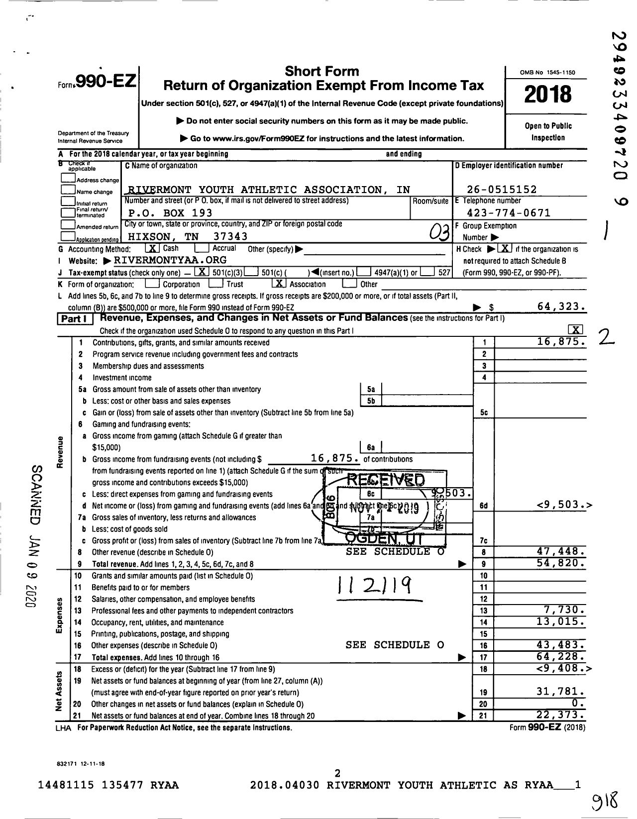 Image of first page of 2018 Form 990EZ for Rivermont Youth Athleticassociation