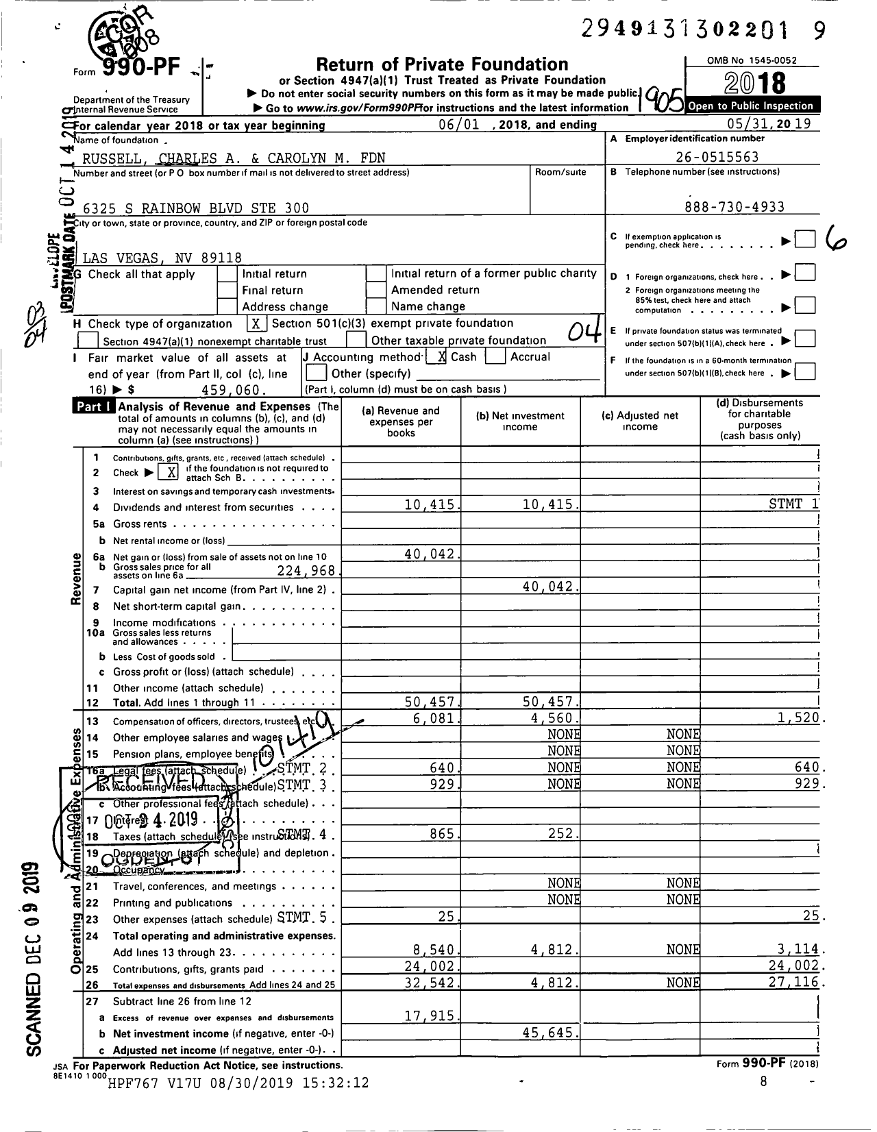 Image of first page of 2018 Form 990PF for Russell Charles A and Carolyn M Foundation