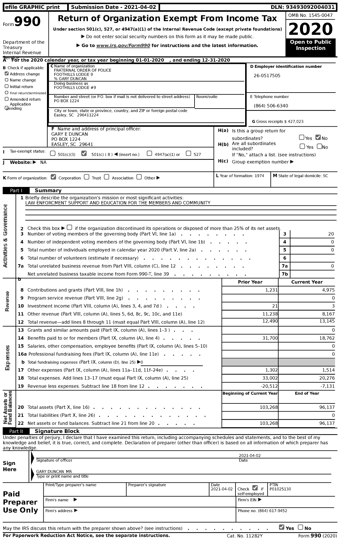 Image of first page of 2020 Form 990 for Fraternal Order of Police - Foothills Lodge #9