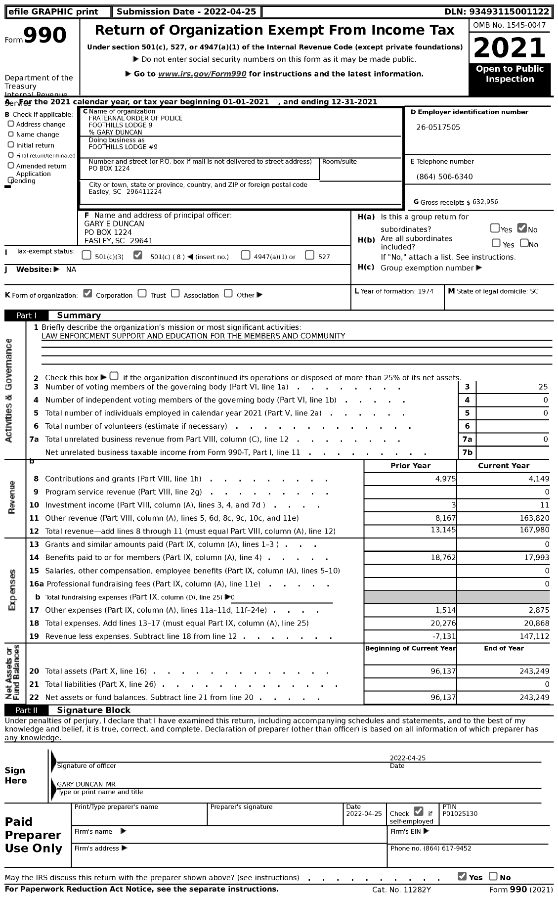 Image of first page of 2021 Form 990 for Fraternal Order of Police - Foothills Lodge #9