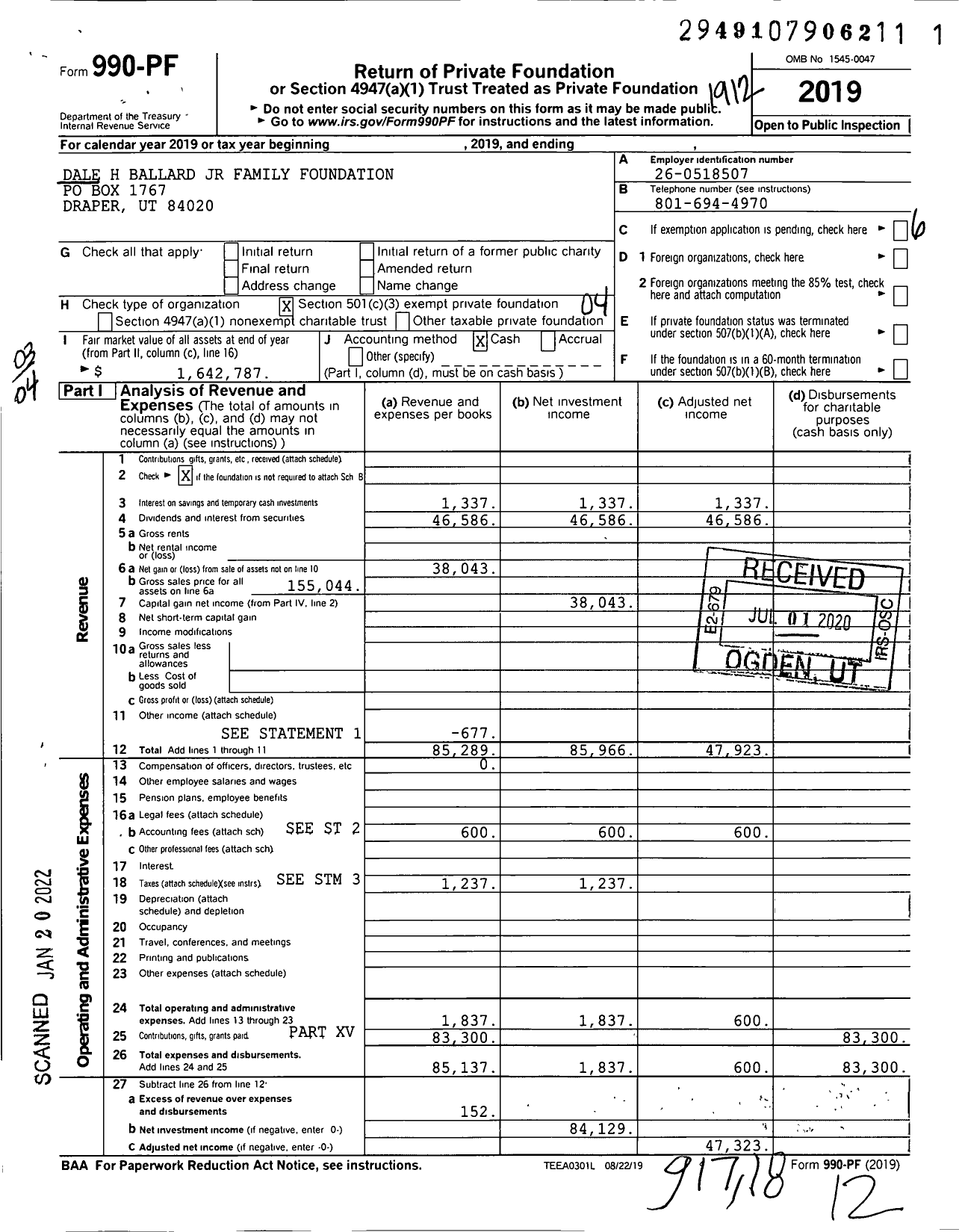 Image of first page of 2019 Form 990PF for Dale H Ballard Jr Family Foundation