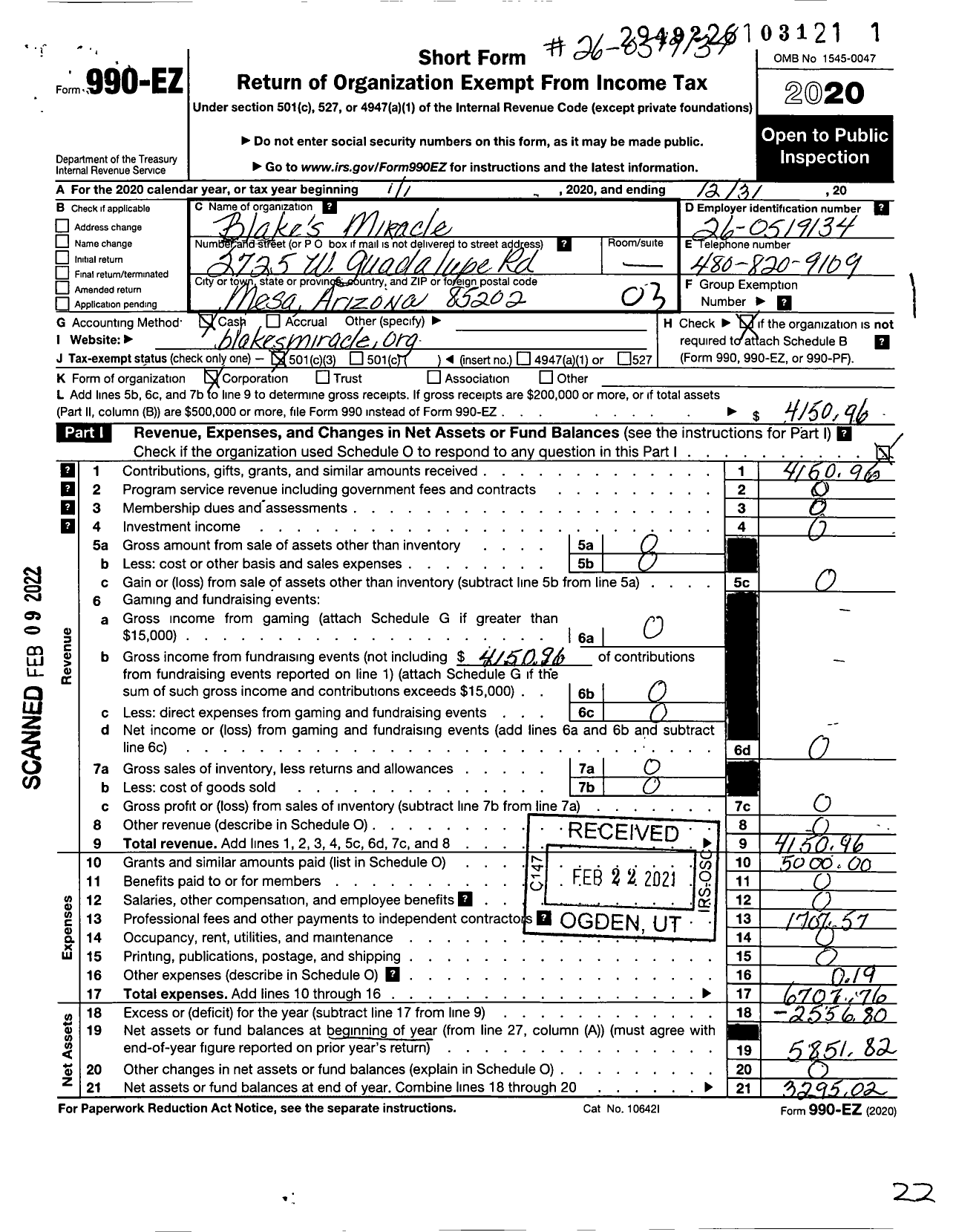 Image of first page of 2020 Form 990EZ for Blake's Miracle