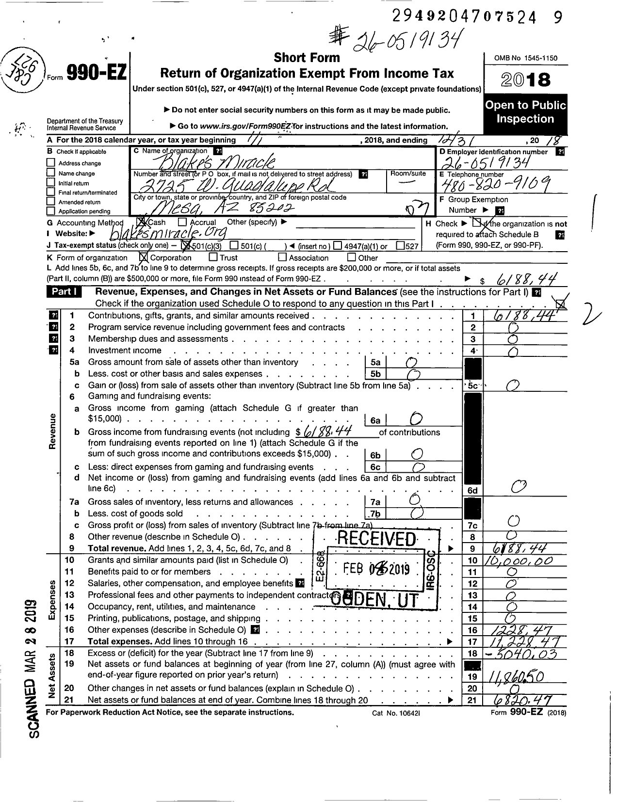 Image of first page of 2018 Form 990EZ for Blake's Miracle