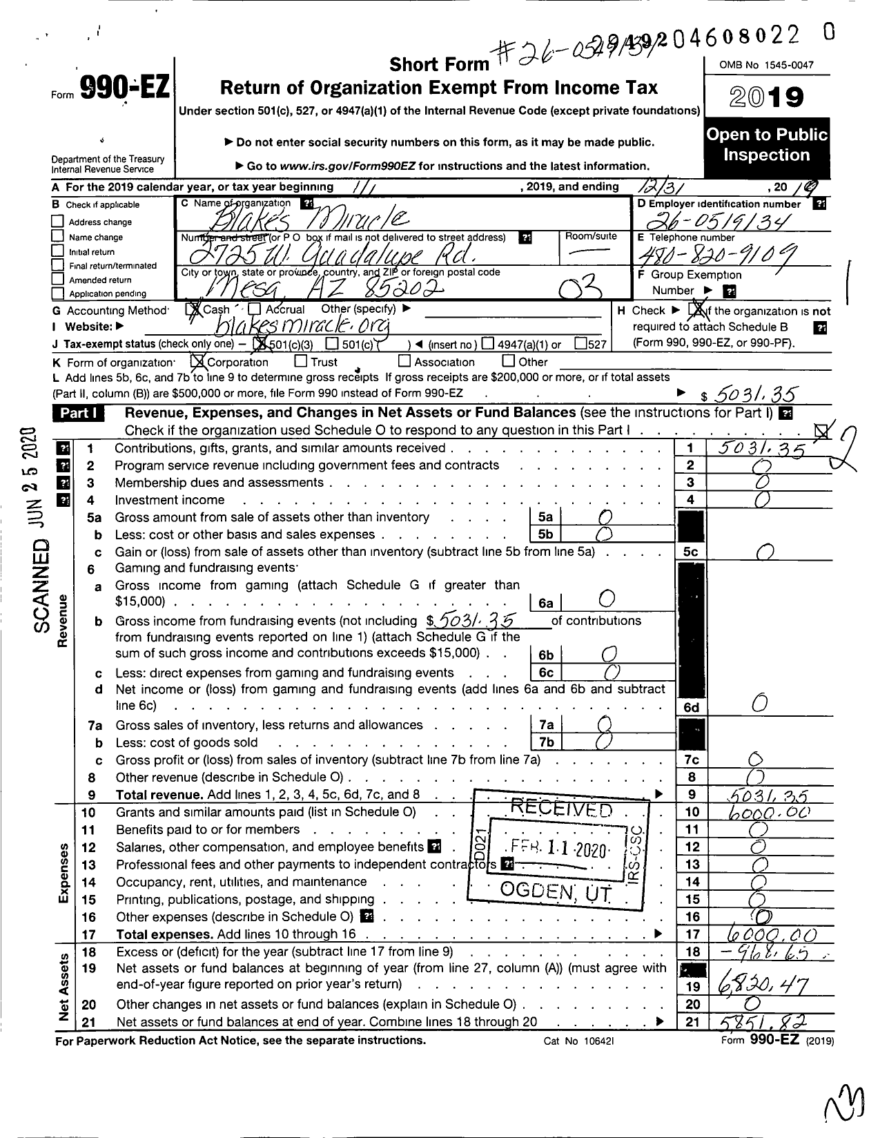 Image of first page of 2019 Form 990EZ for Blake's Miracle