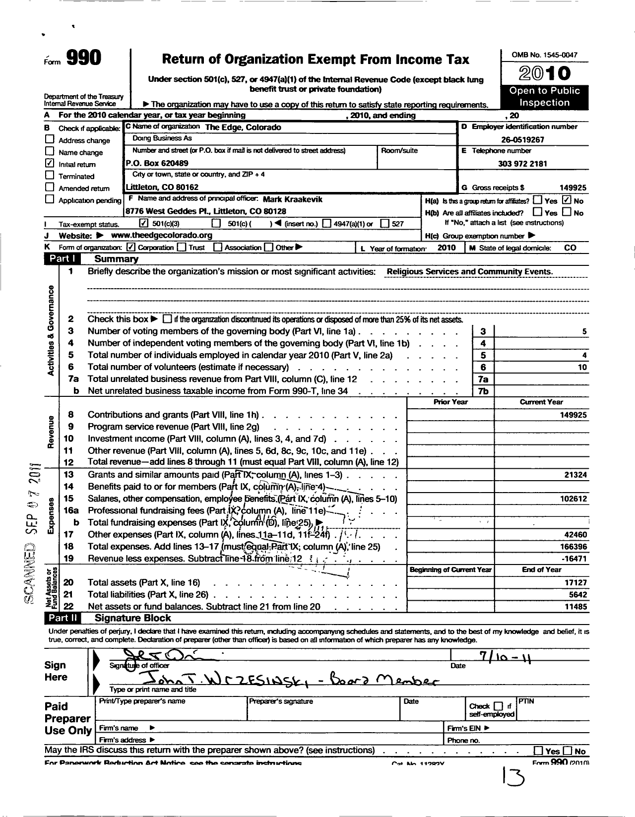 Image of first page of 2010 Form 990 for Edge Colorado