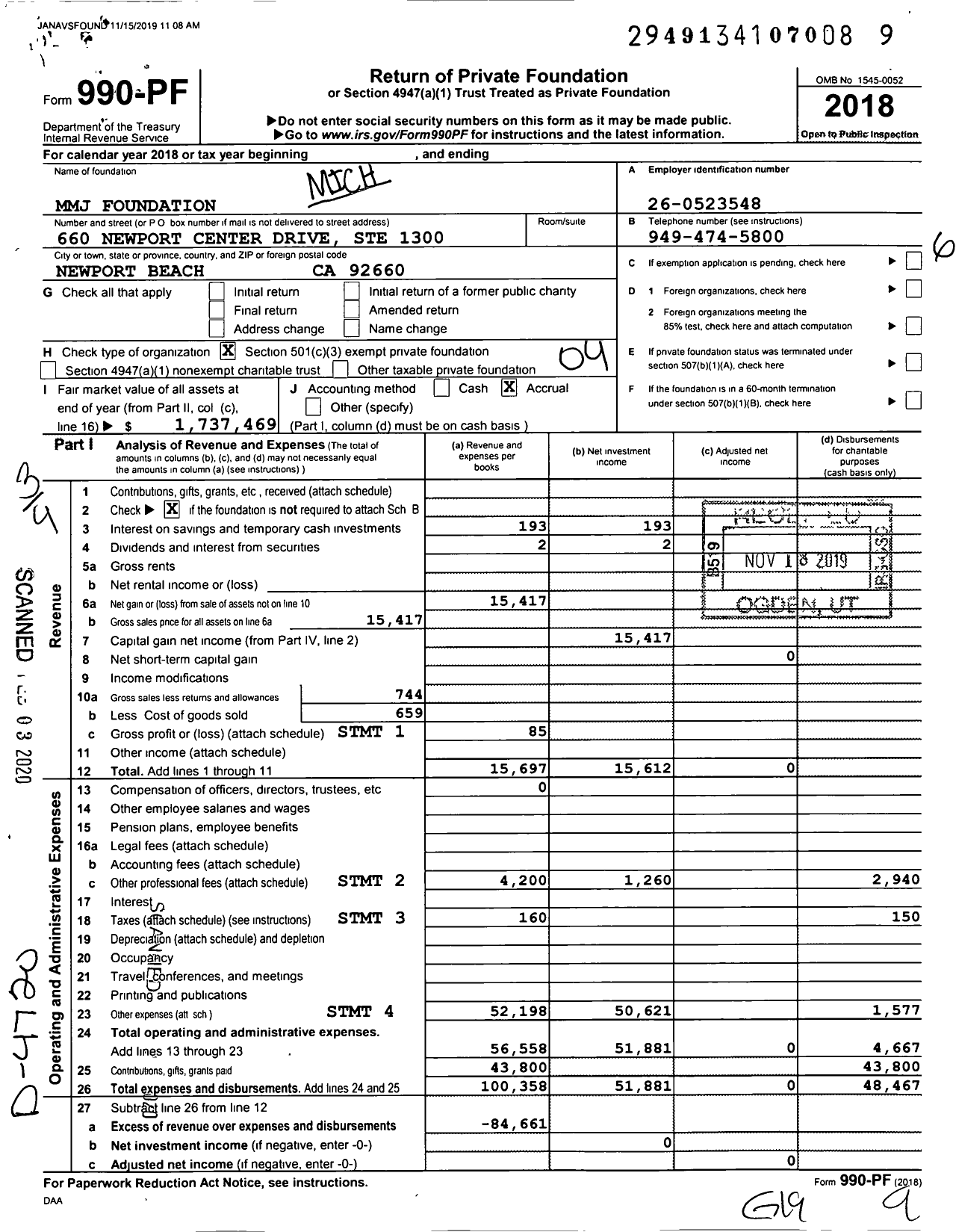 Image of first page of 2018 Form 990PF for Michelle Janavs Foundation