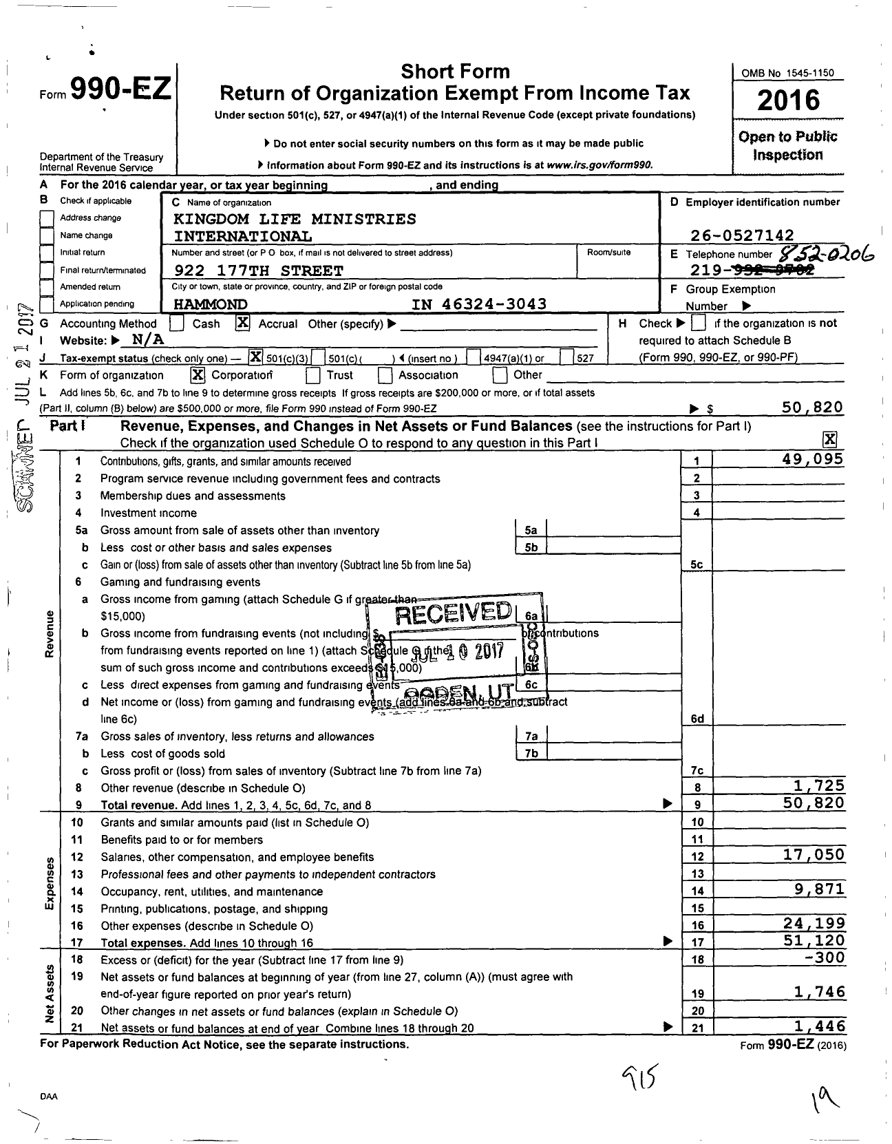 Image of first page of 2016 Form 990EZ for Kingdom Life Ministries International