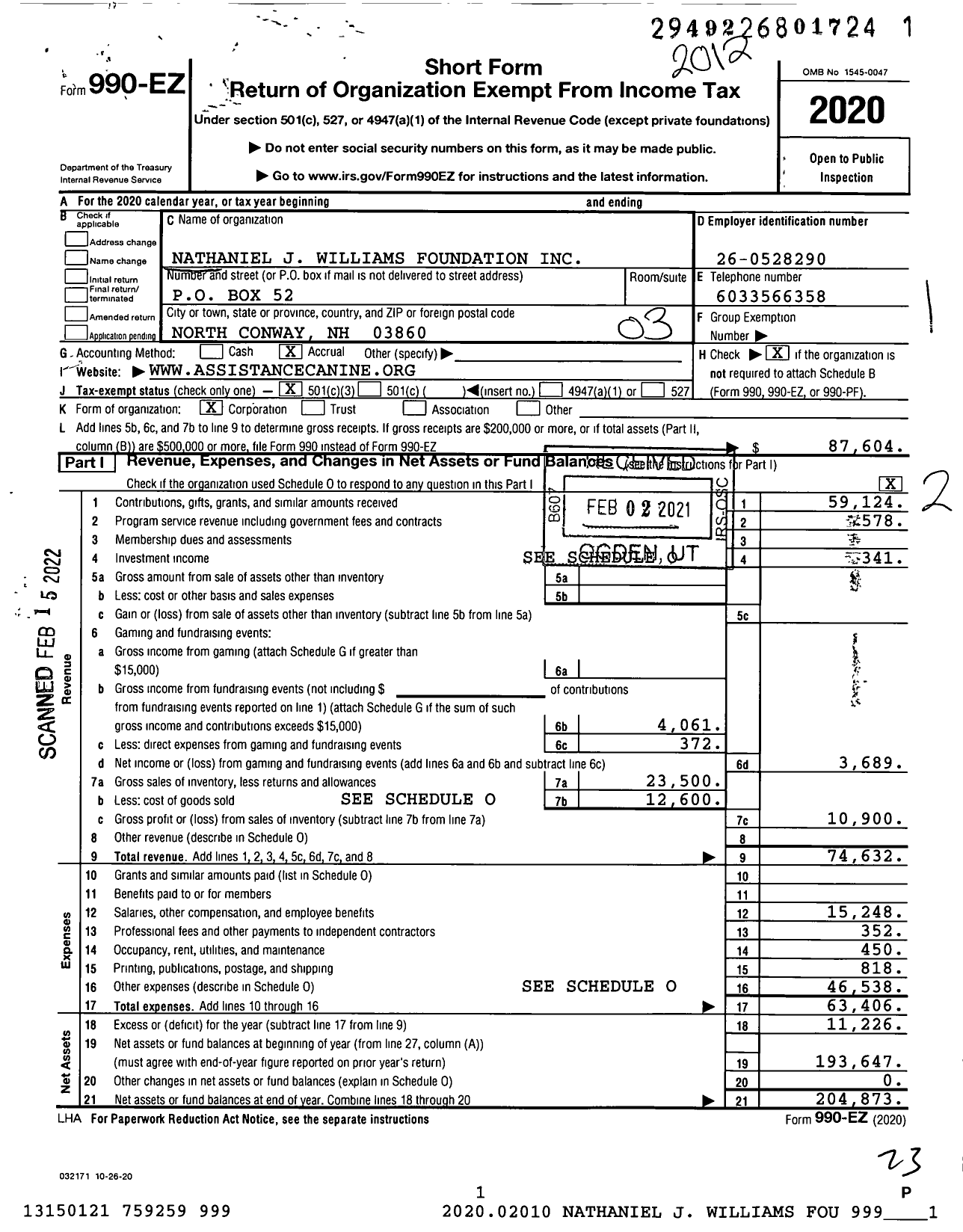 Image of first page of 2020 Form 990EZ for Assistance Canine Training Services