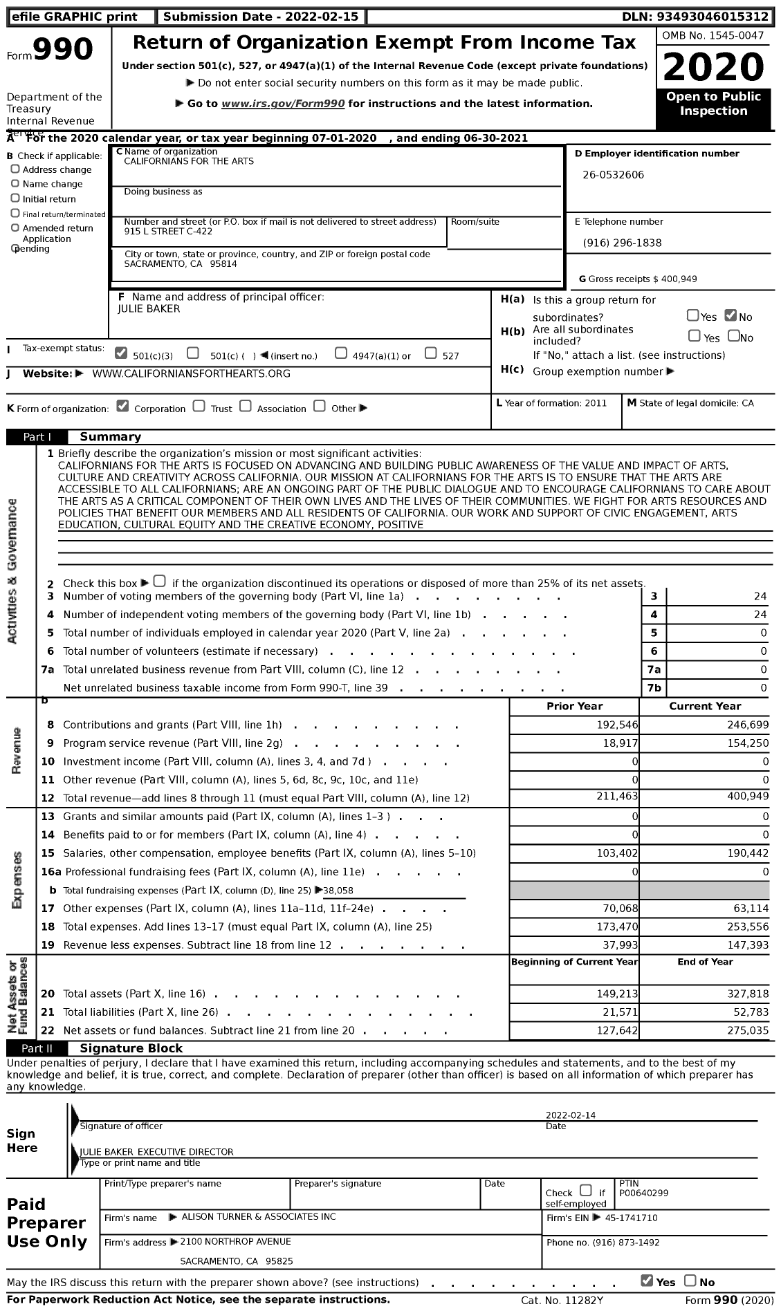 Image of first page of 2020 Form 990 for Californians for the Arts