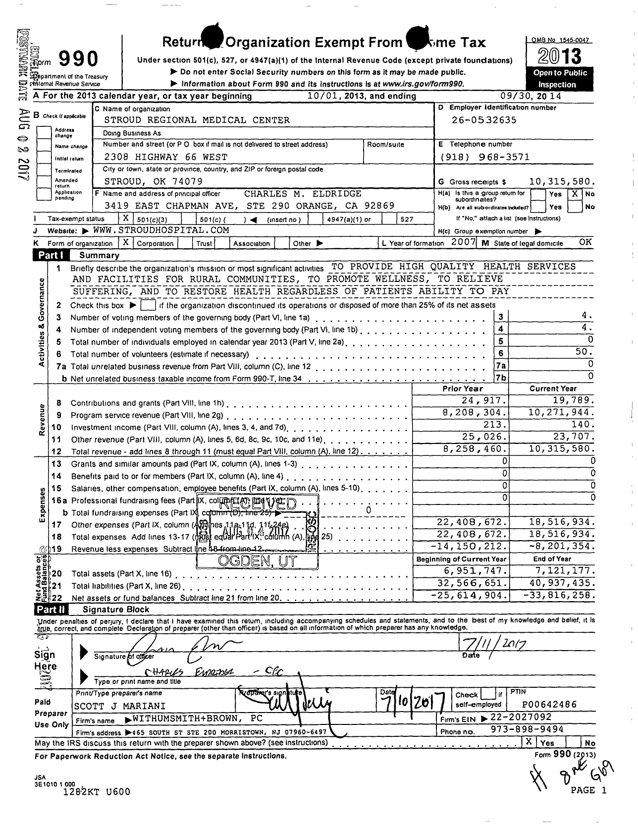 Image of first page of 2013 Form 990 for Stroud Regional Medical Center