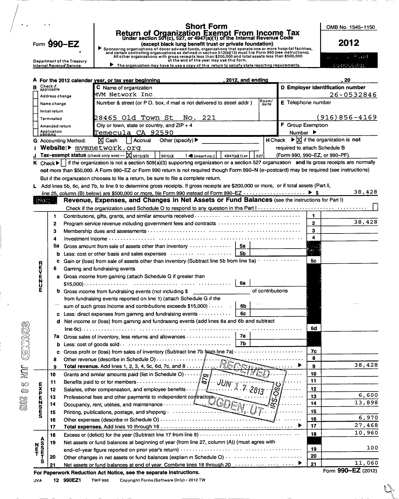 Image of first page of 2012 Form 990EZ for MVM Network