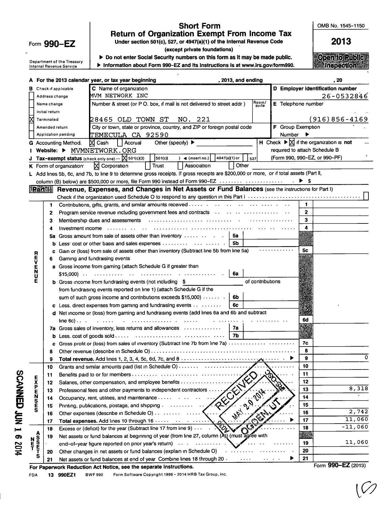 Image of first page of 2013 Form 990EZ for MVM Network